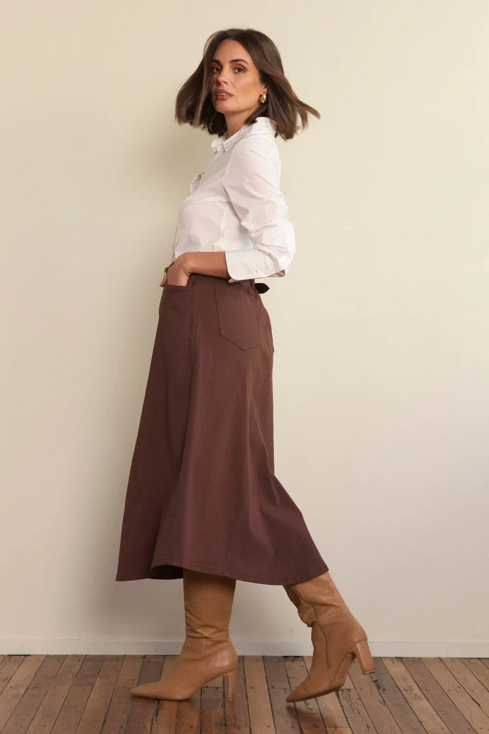 Amber Light Stretch A-Line Skirt in Chocolate