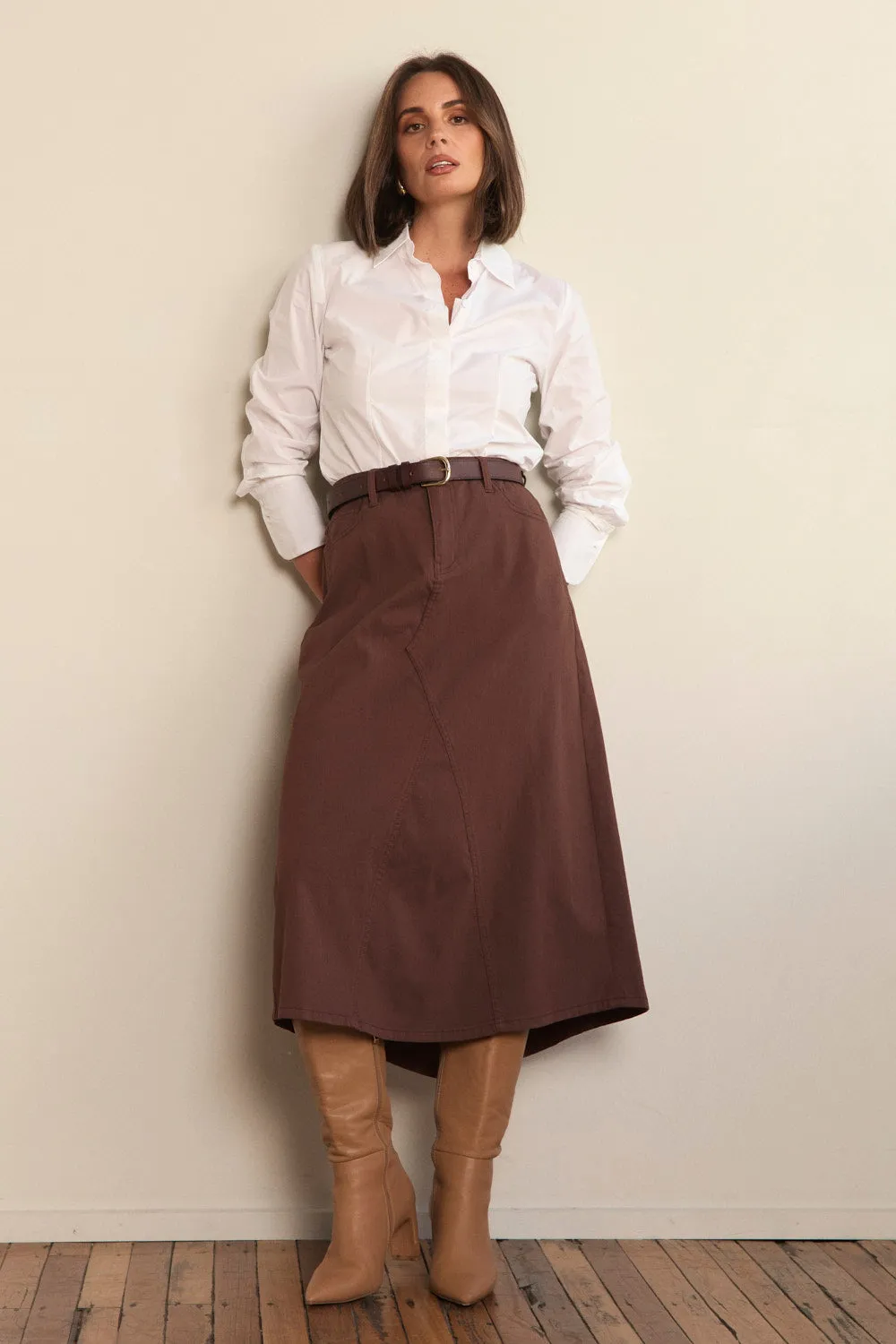Stretch A-Line Skirt in Chocolate Light Air Winter Snow