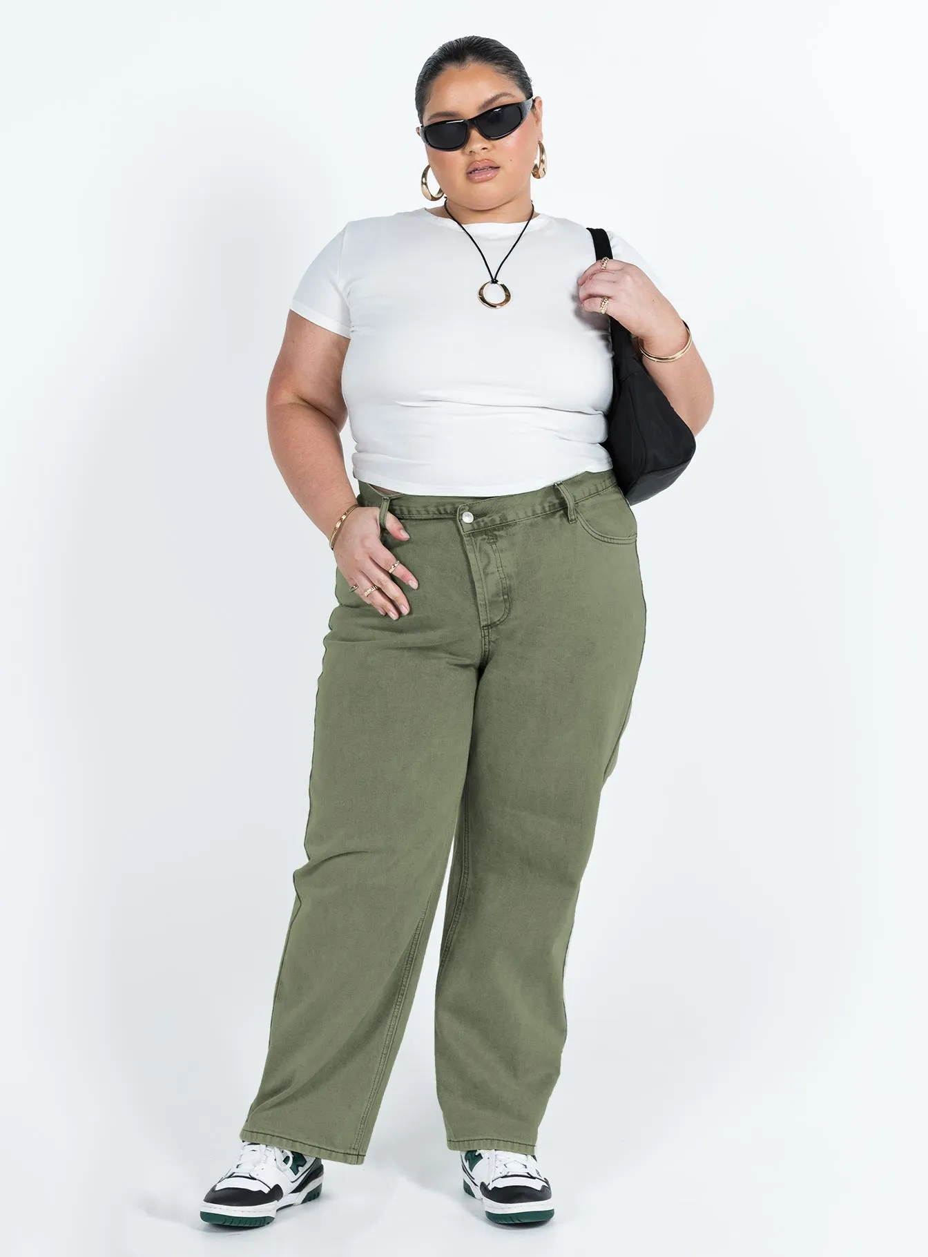 Holly Asymmetric Straight Leg Jean Green Denim Curve Work Ready Lightweight Textured Work Friendly