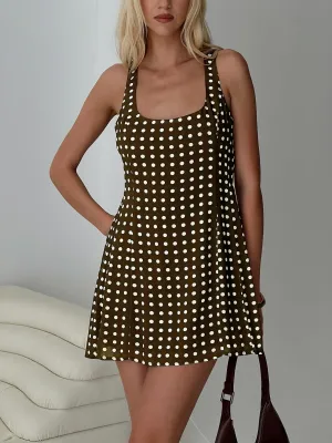 Serina Polka Mini Dress Brown / White Scalloped Edge Detailing Fun Glam