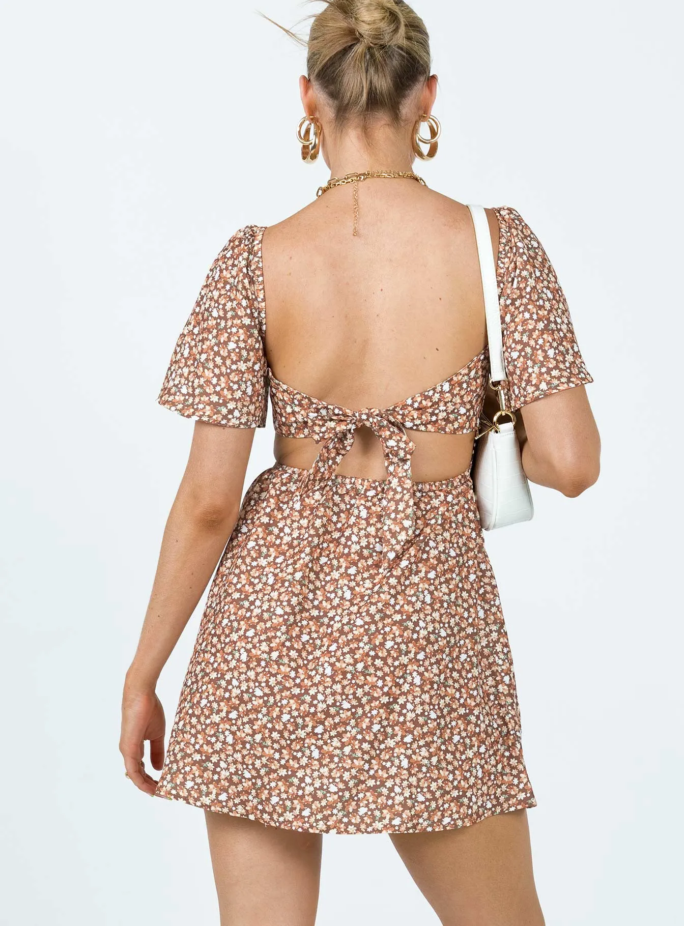Summer Nights Mini Dress Brown Floral Flattering Silhouette Birthday Bash