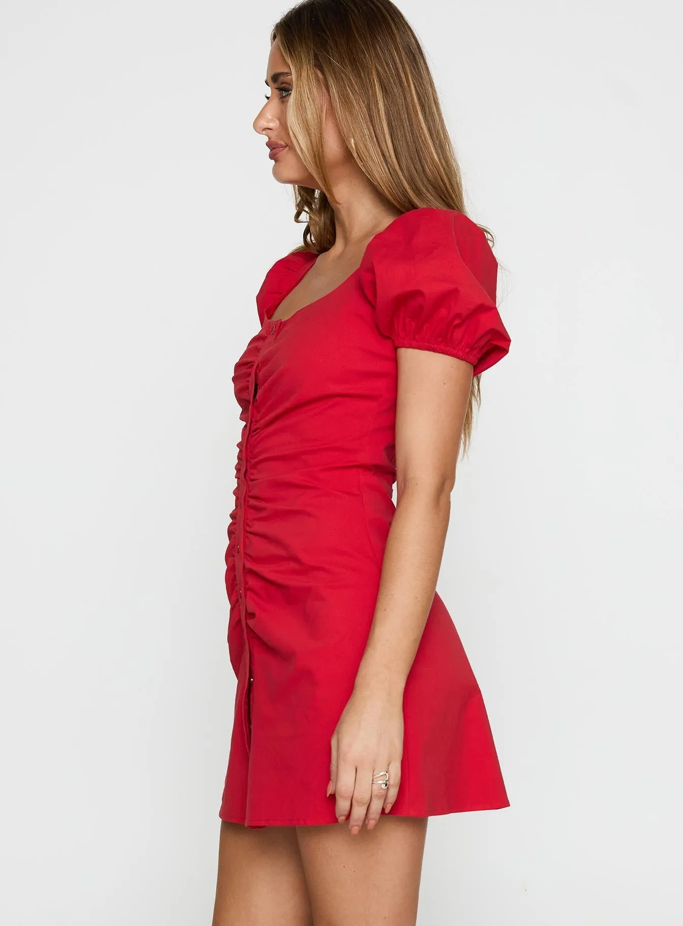Comfortable and breezy mini Back To Paris Ruched Mini Dress Red