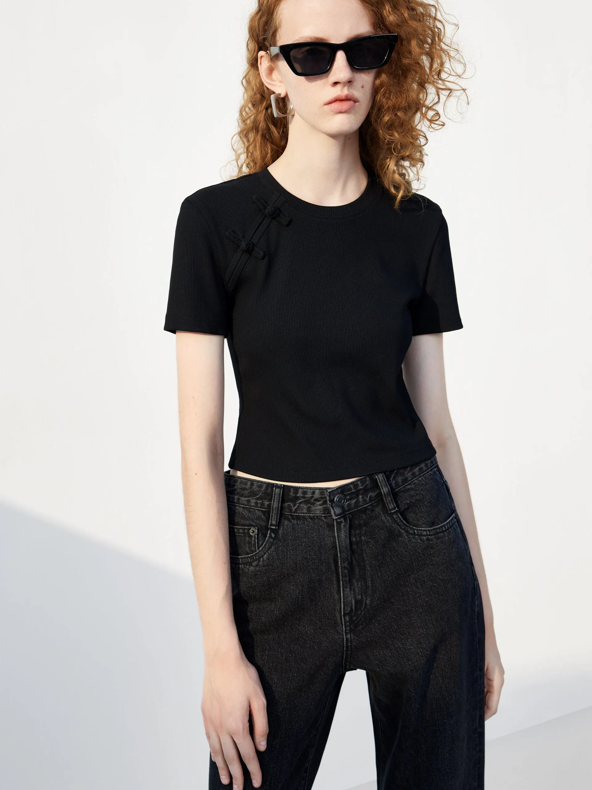 Cheongsam Buckle Ribbed T-shirt Durable Ribbed Hem Outdoor Gear