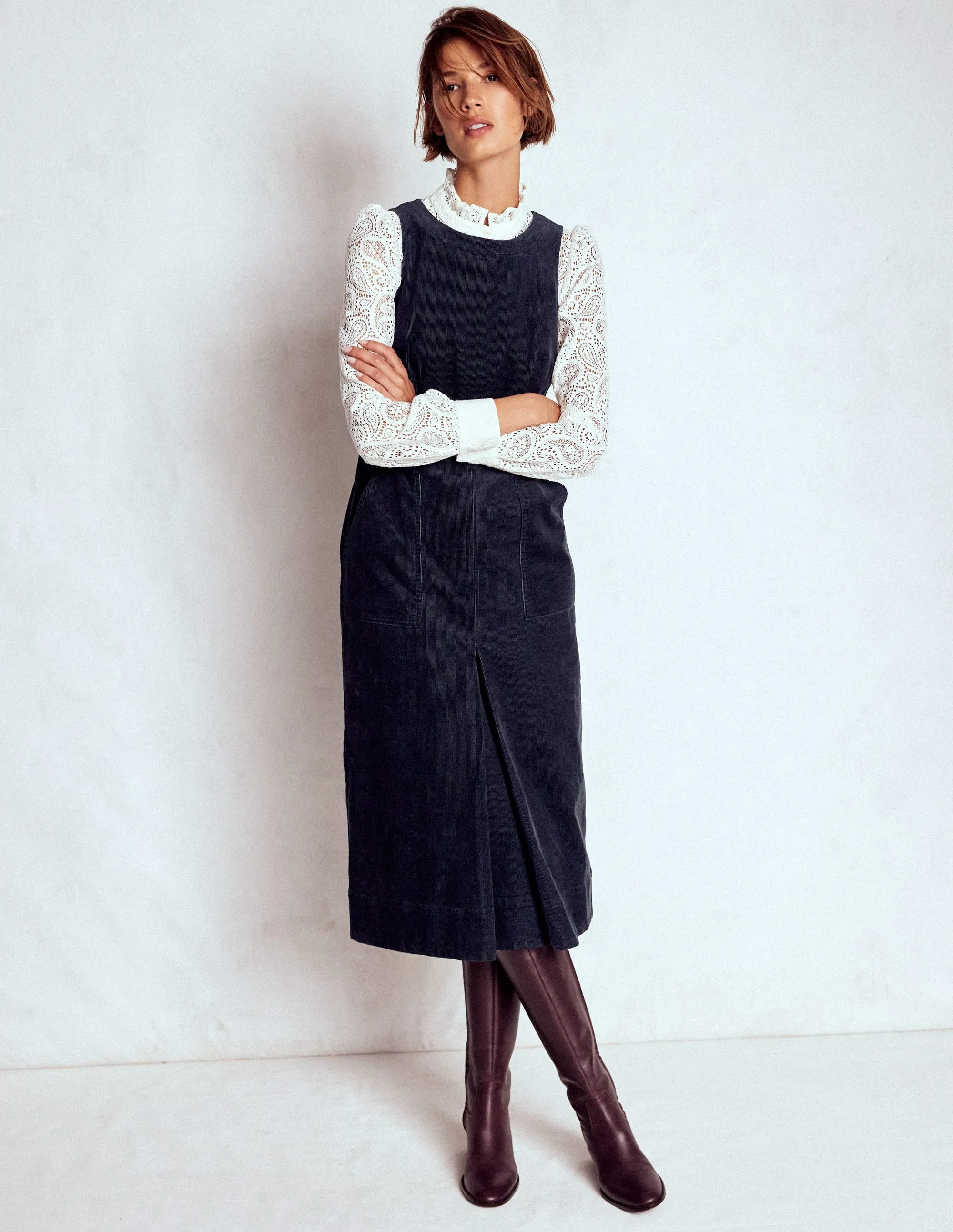 Ula Box Pleat Cord Midi Dress-Midnight Blue Effortless day-to-evening dress Easy Style