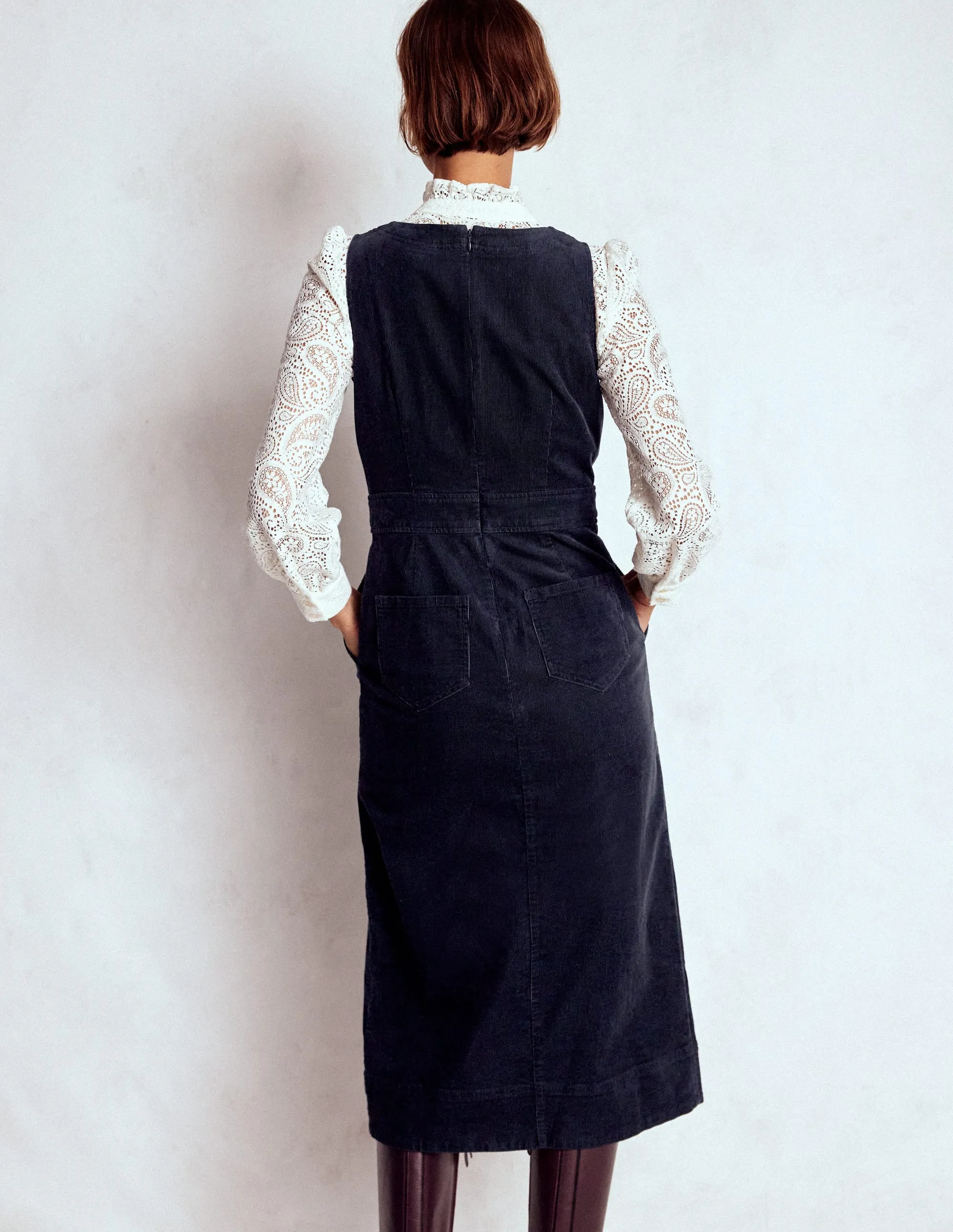 Ula Box Pleat Cord Midi Dress-Midnight Blue Leaf Fall