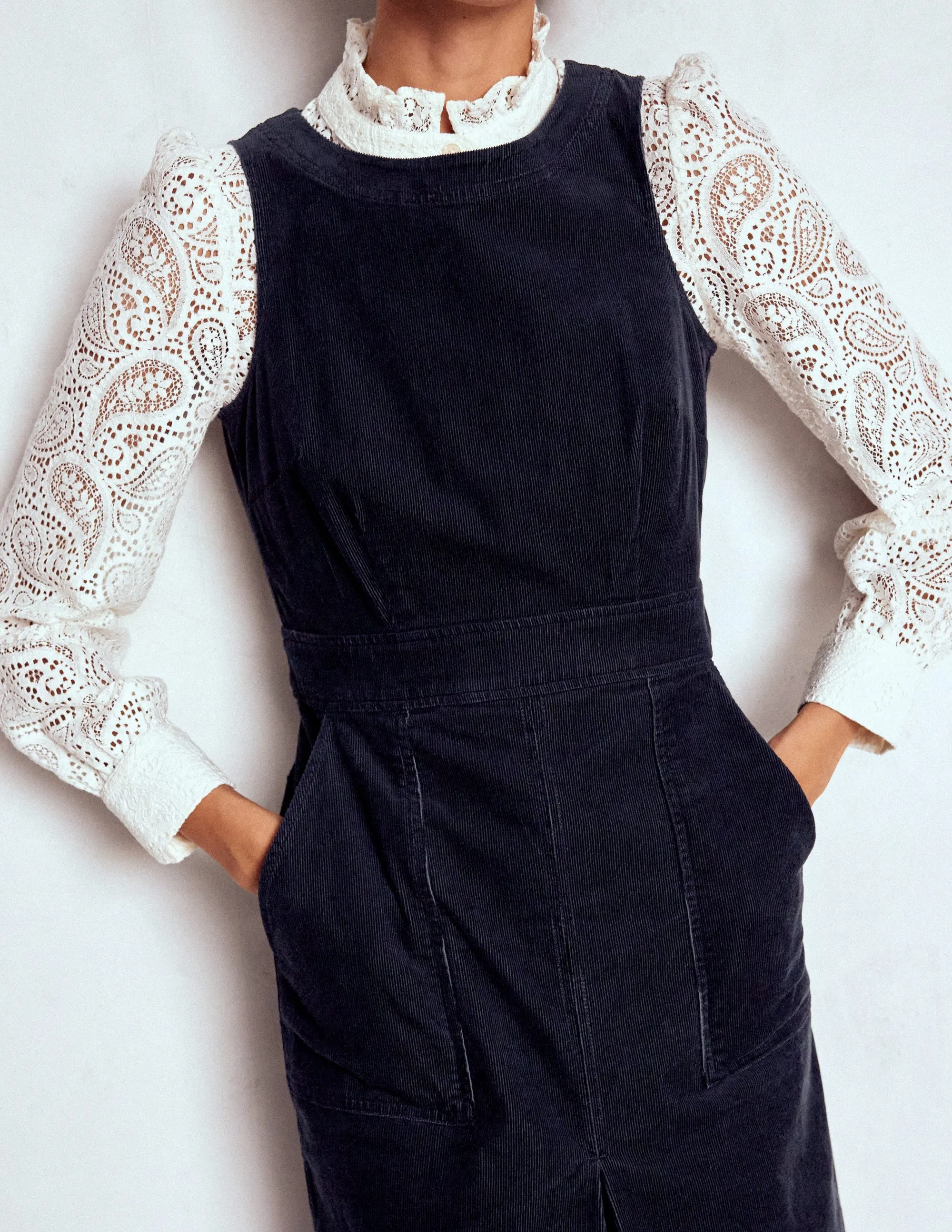 Feminine Design Ula Box Pleat Cord Midi Dress-Midnight Blue