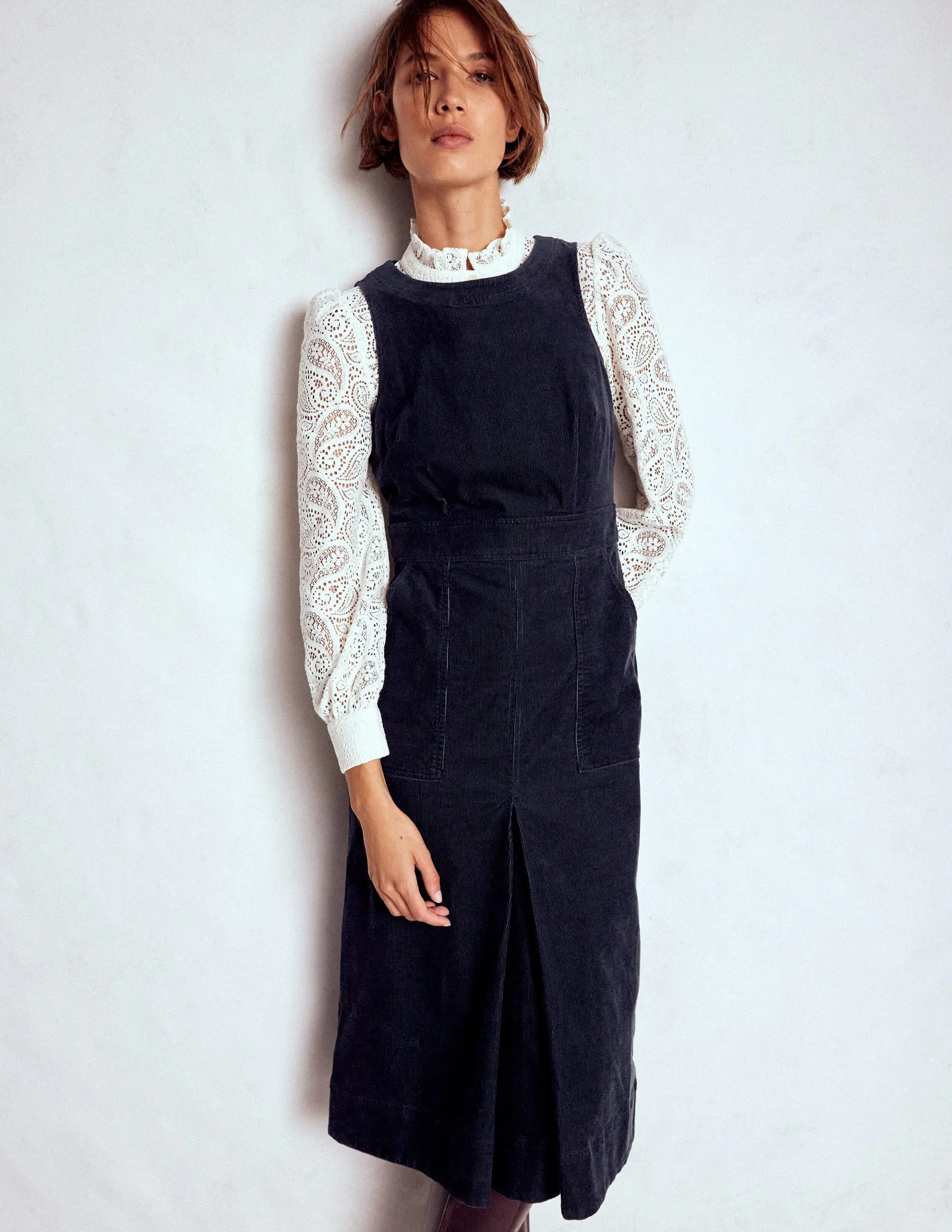 Ula Box Pleat Cord Midi Dress-Midnight Blue Graceful Aging Trendy Fit