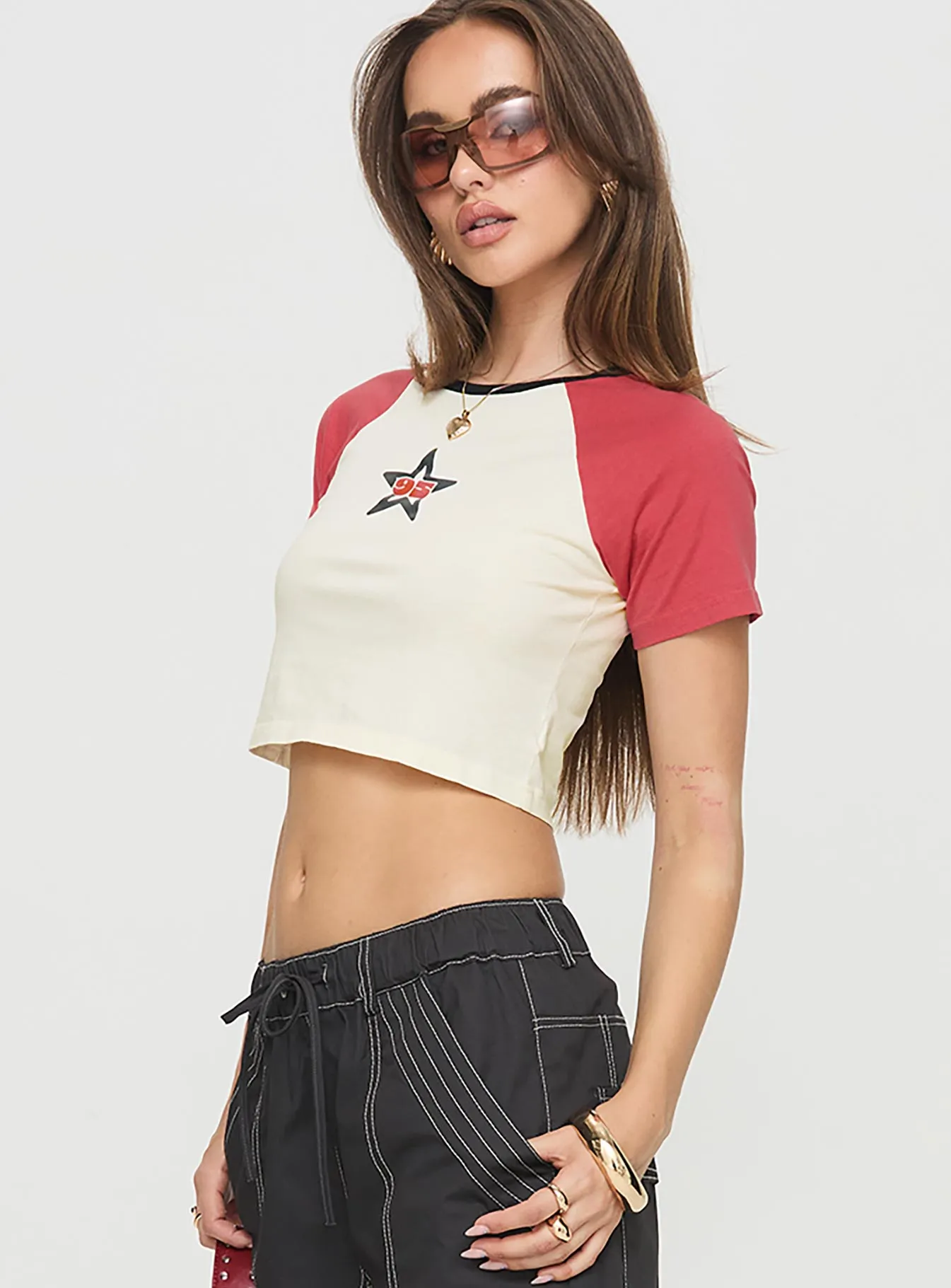 Floral Print Disco Girl Baby Tee Cream / Red