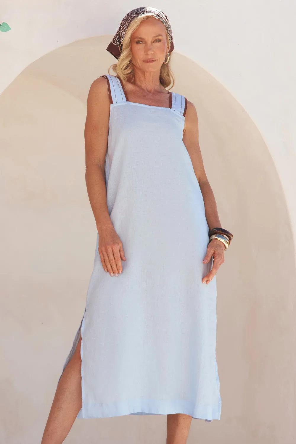 Weekend Brunch Stylish Comfort Bec Linen Sun Dress in Powder Blue