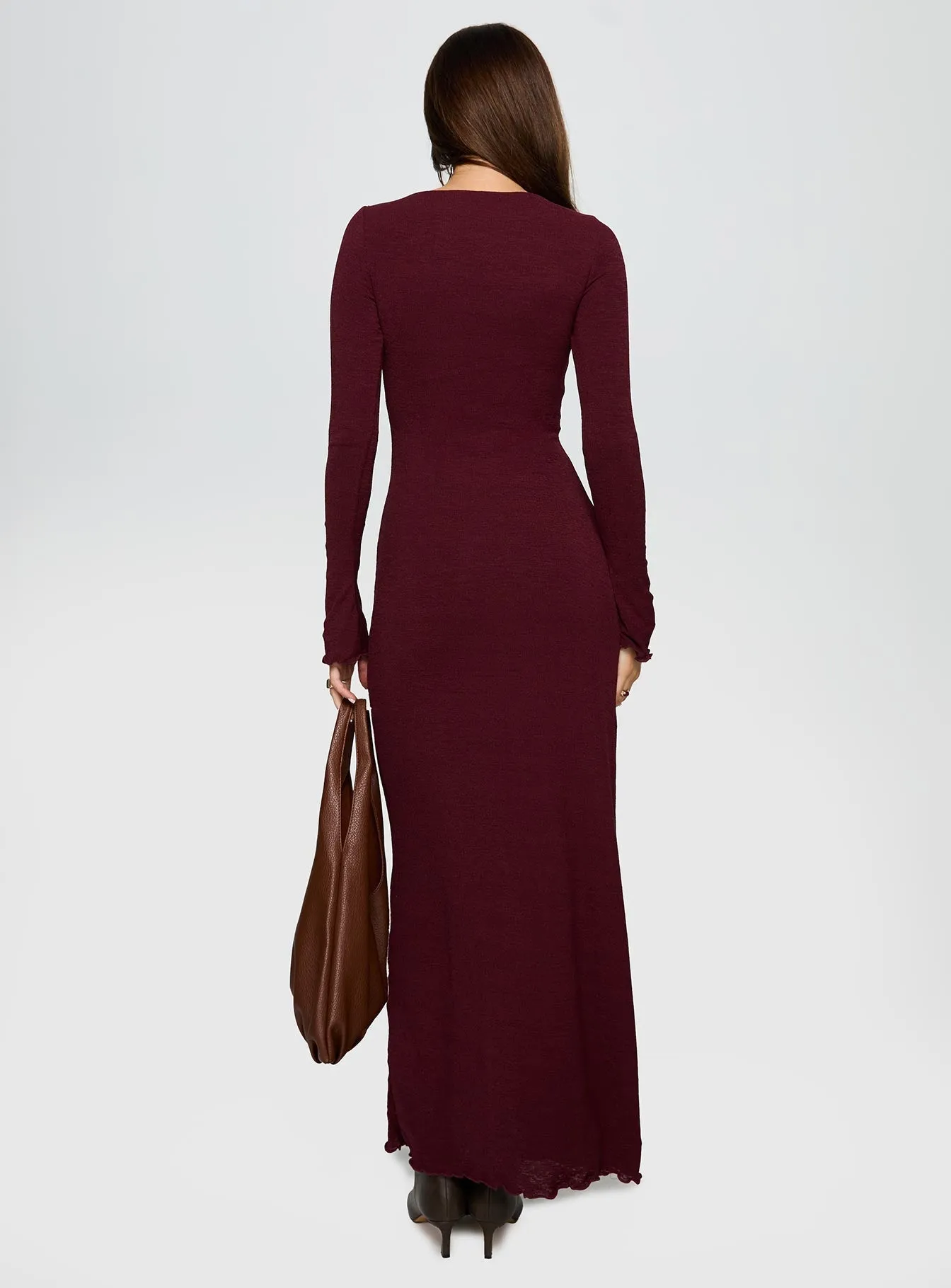 Ruffle Hem Dejonge Ring Long Sleeve Maxi Dress Currant