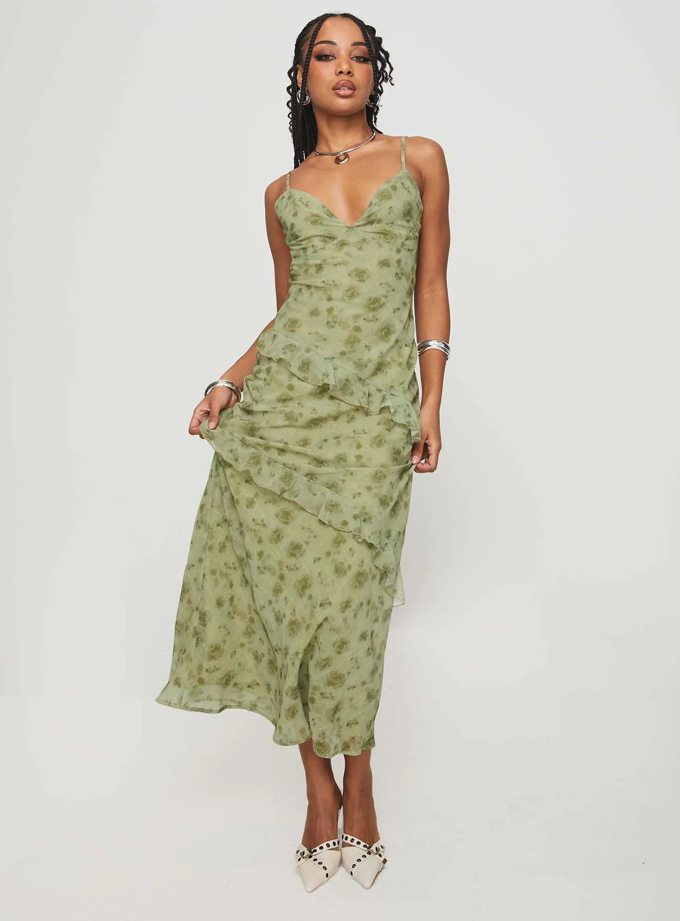Teffoli Maxi Dress Green Hand Stitch Hemp Glow