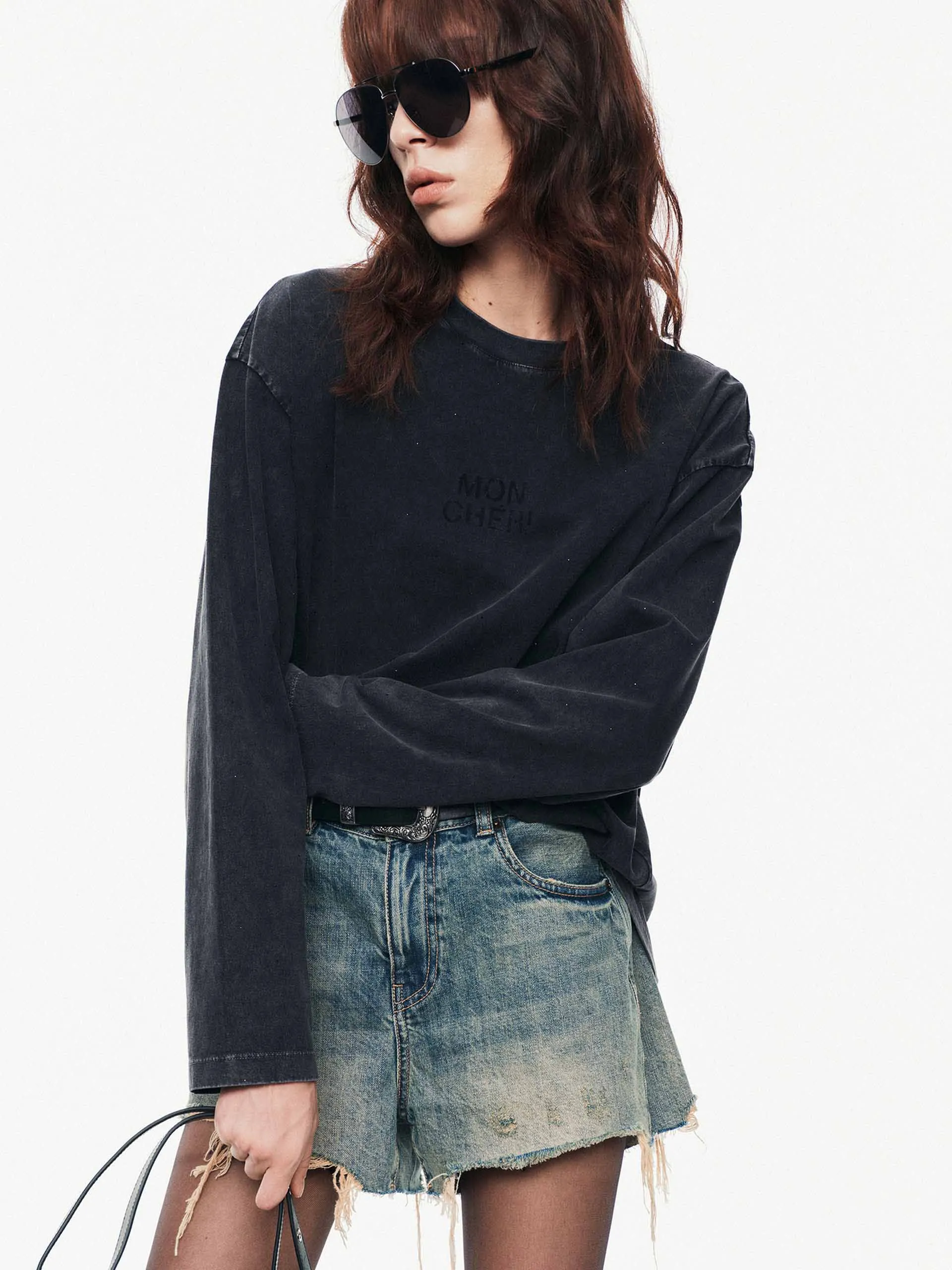 Flatlock stitching Hotfix Rhinestone Cotton T-shirt