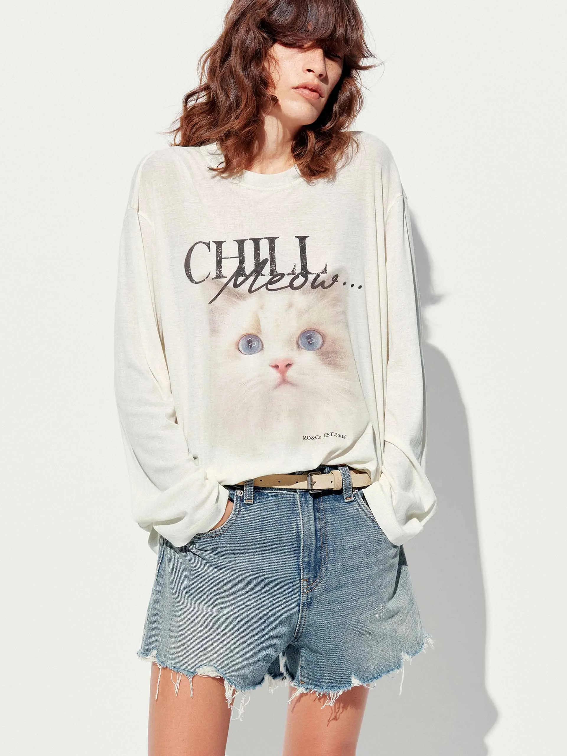 Flatlock stitching Front Cat Loose T-shirt