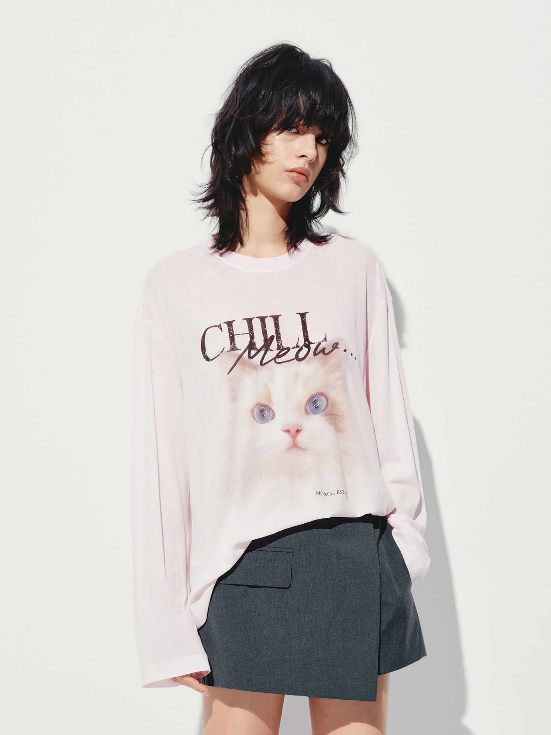 SoftTouchFinish Simple Wear Front Cat Loose T-shirt