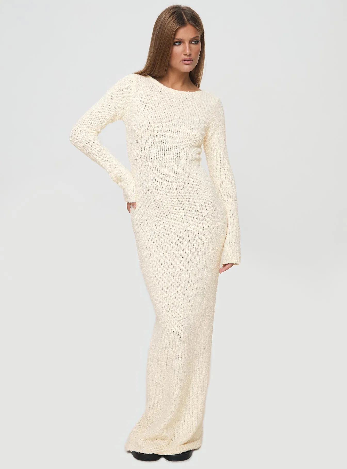 Light Weight Versatile maxi with accessories Cosy Up Long Sleeve Boucle Maxi Dress Cream