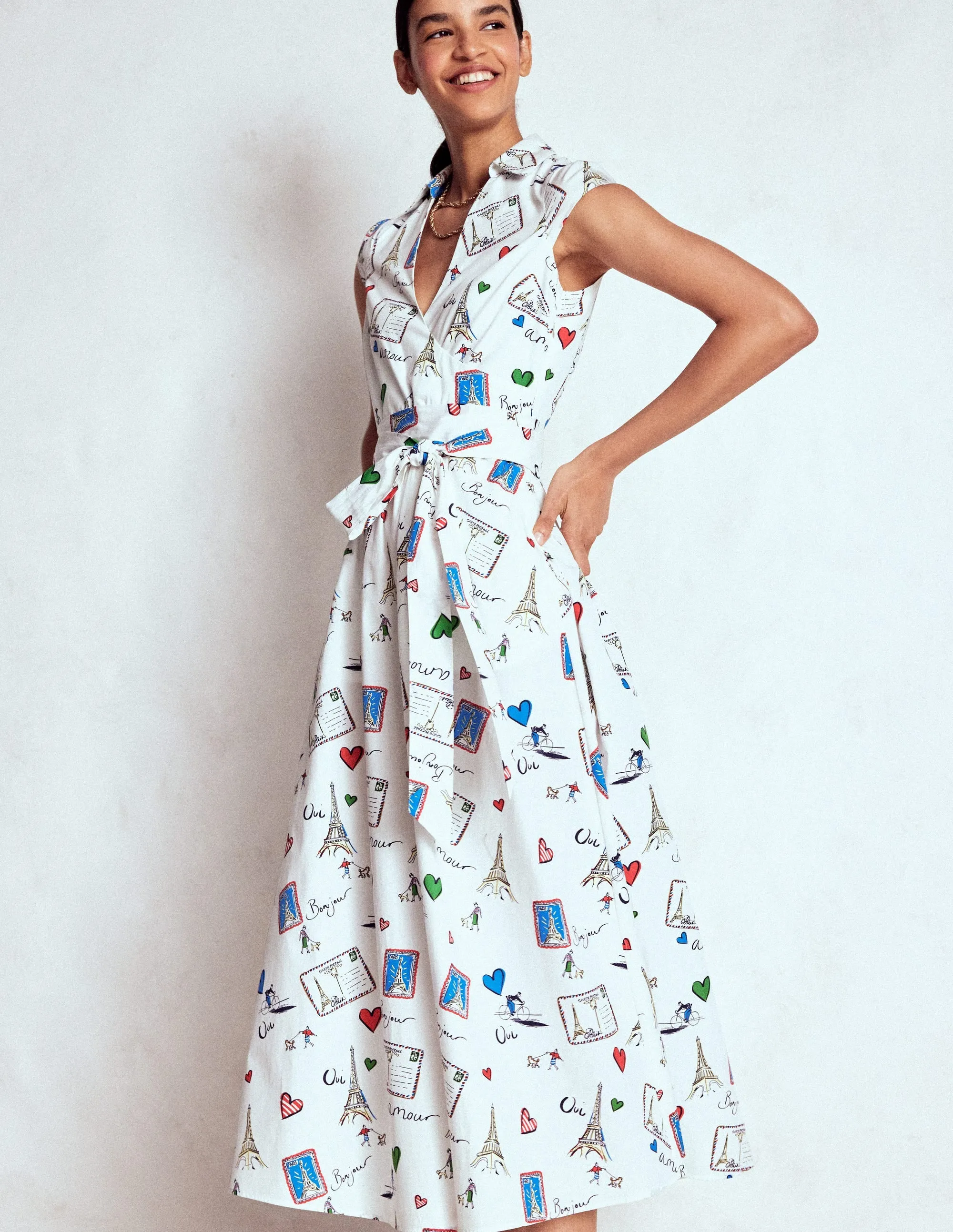 Timeless Comfort Midi dress with waist tie Julia Cotton Wrap Midi Dress-Ivory, Postcard From Paris