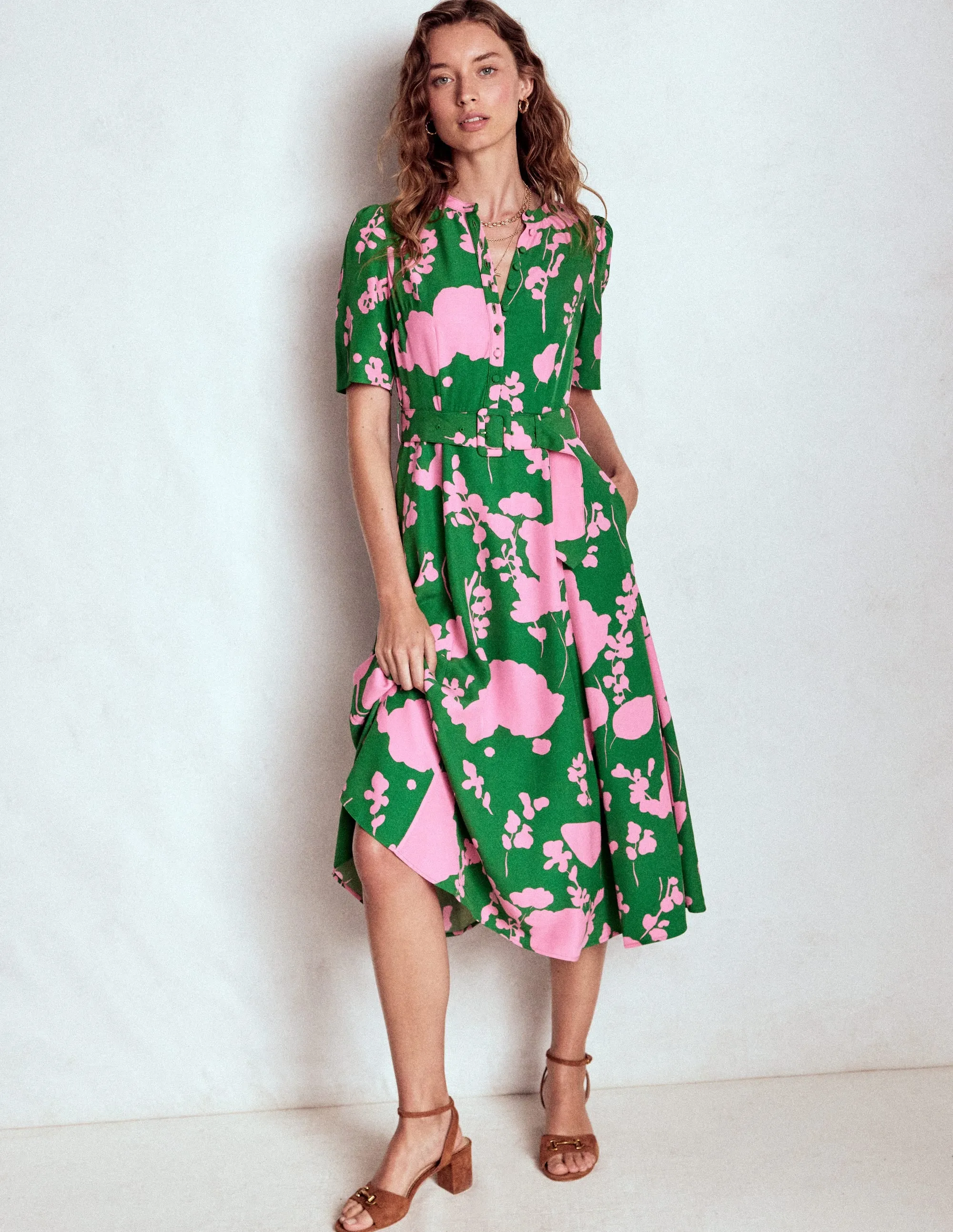 Kate Puff Sleeve Belted Dress-Highland Green, Dainty Sprigs Polished Ease Drizzle Sky