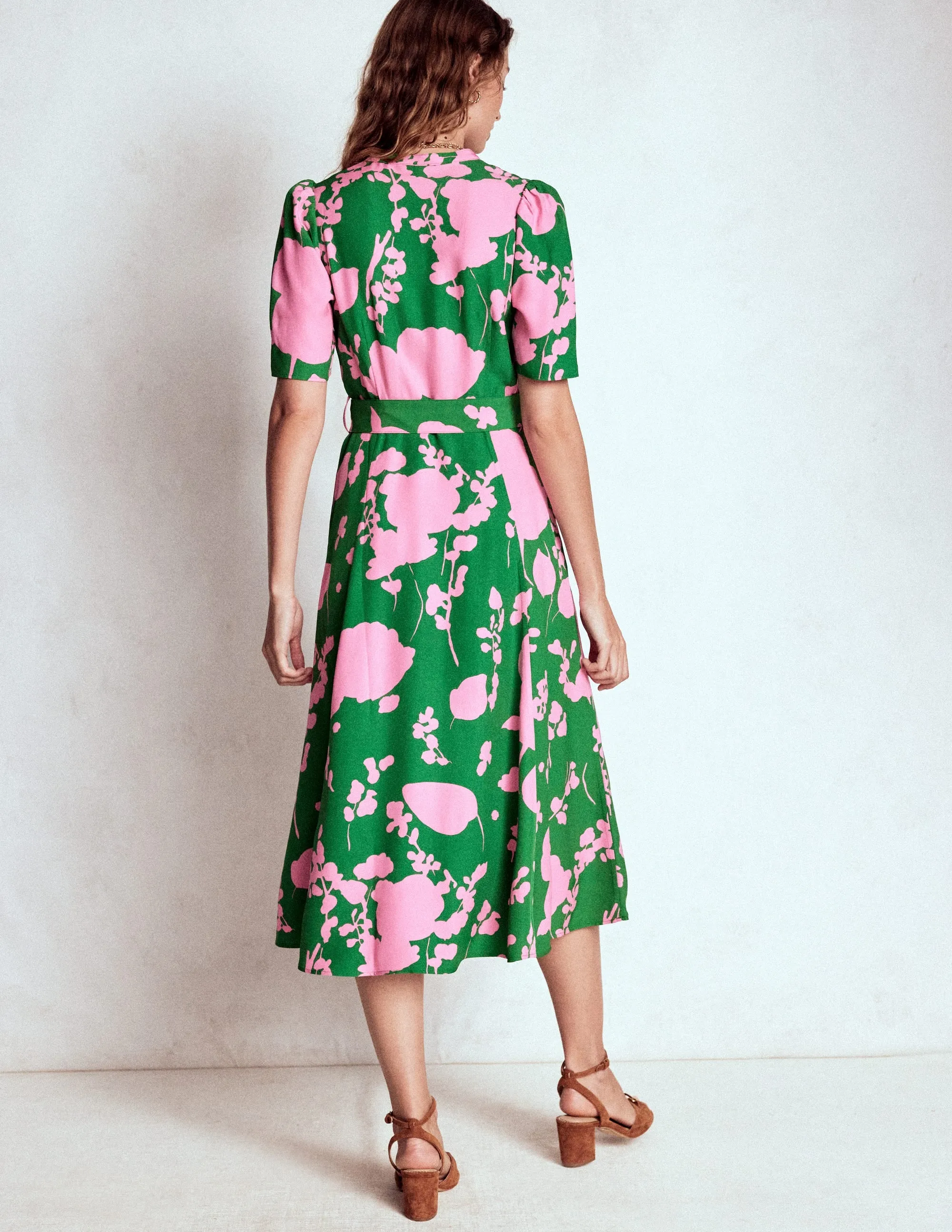 Kate Puff Sleeve Belted Dress-Highland Green, Dainty Sprigs Trendy casual event dress