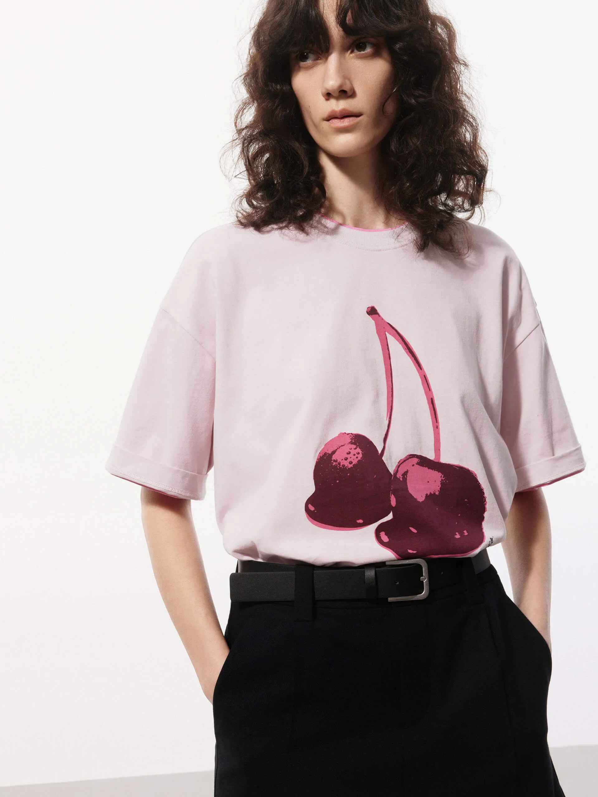 Cherries Pattern Cotton T-shirt SoftenedTexturedWeave Neutral Color