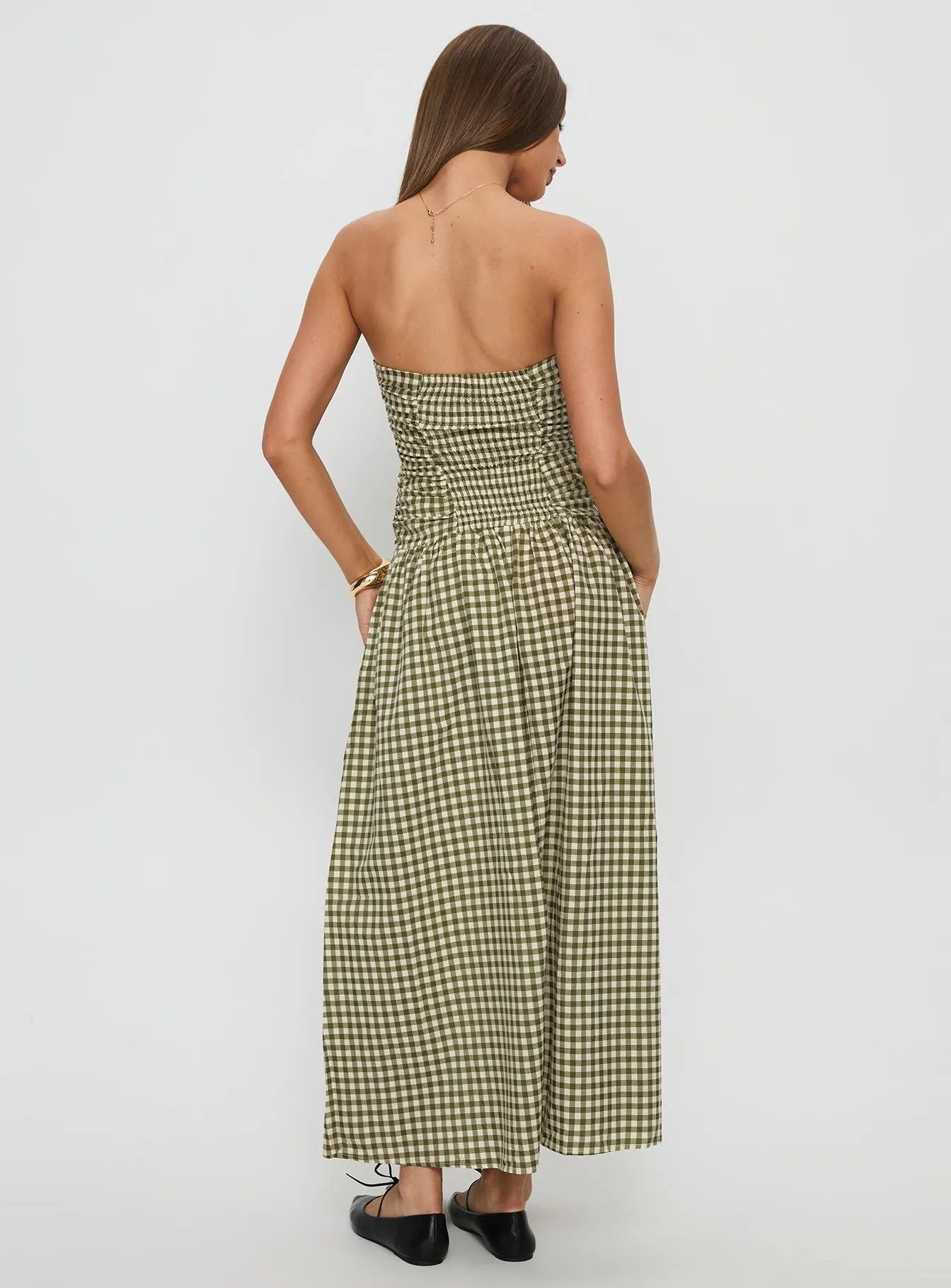Frankey Strapless Drop Waist Maxi Dress Green Check Blue Bay Noon Glow