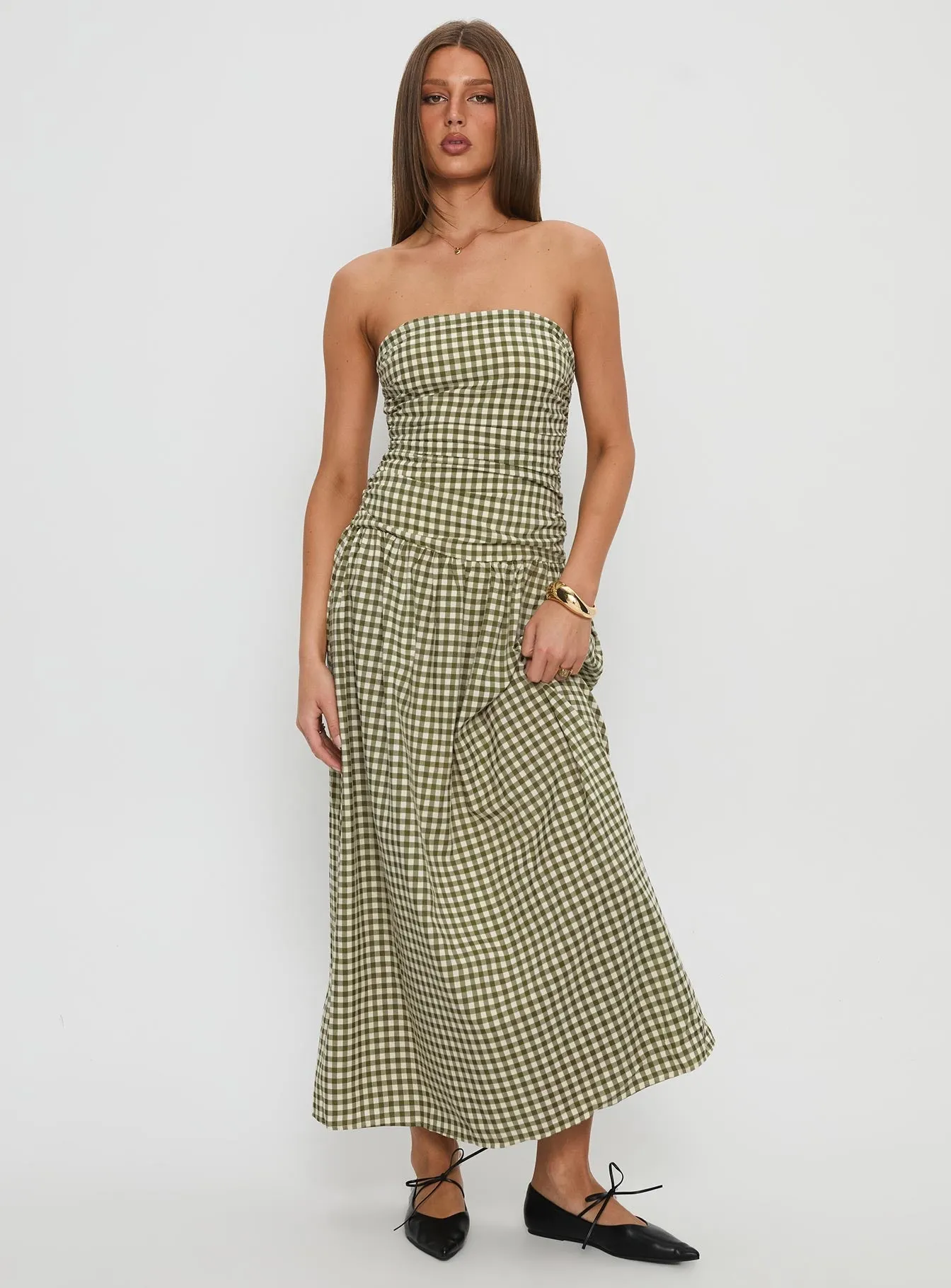 Frankey Strapless Drop Waist Maxi Dress Green Check Cold Cozy