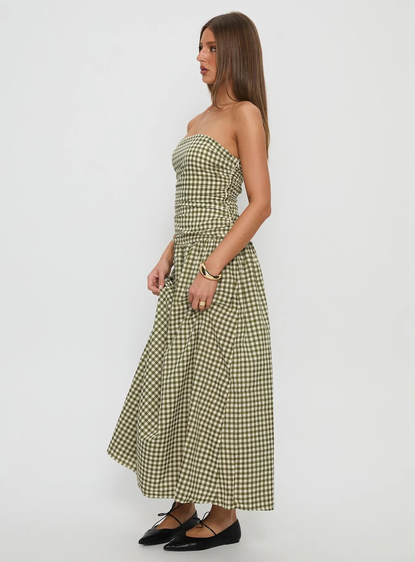 natural fiber Mustard Pop Frankey Strapless Drop Waist Maxi Dress Green Check