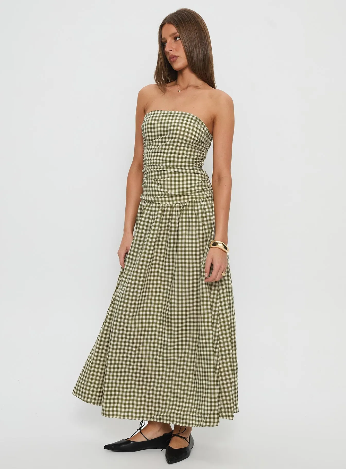 Frankey Strapless Drop Waist Maxi Dress Green Check Metal Shine