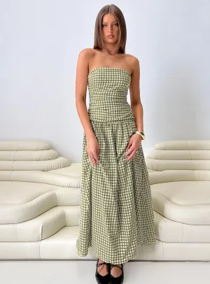 Frankey Strapless Drop Waist Maxi Dress Green Check With its simple silhouette this maxi dress offers a flattering look for all body types