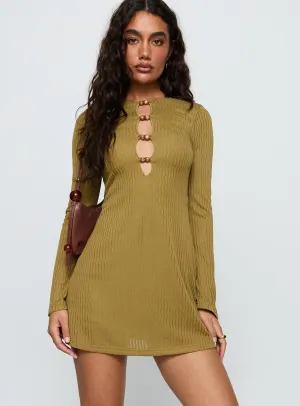 On Trend Style Boho Style Calibre Long Sleeve Mini Dress Olive