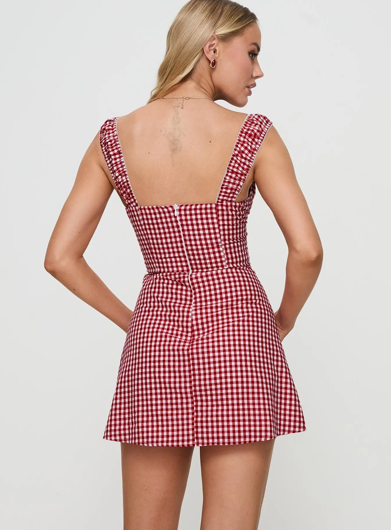 Fishtail Hem Finish Faubert Mini Dress Red Gingham