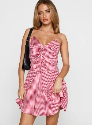 Hold Her Ruched Mini Dress Red Gingham Elegant mini with floral prints Match Fast