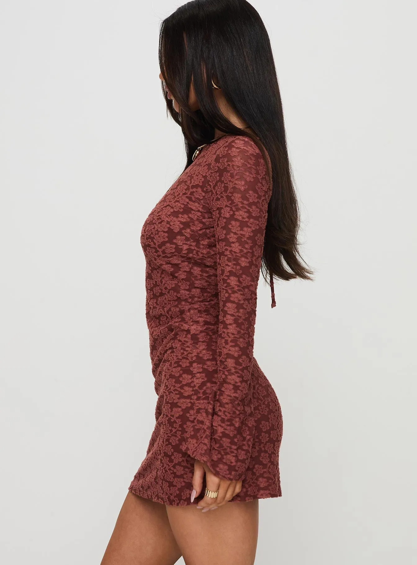 Primrosa Long Sleeve Mini Dress Burgundy Sleek Silhouette