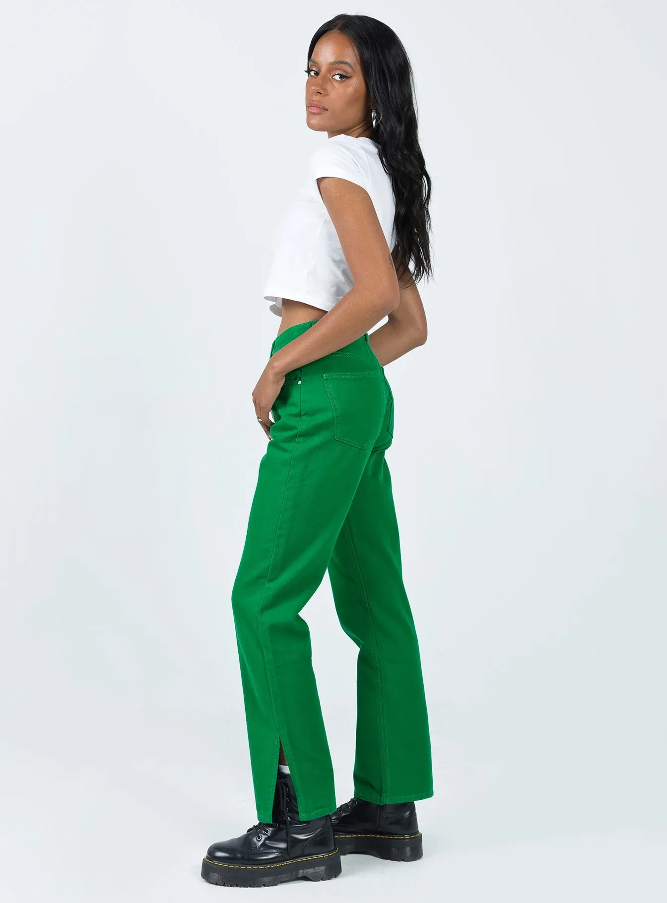 Barnie Split Hem Jeans Green Street Fashion Breathable Routine Style