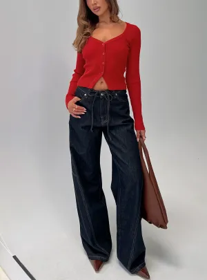 Bruiser Tie Waist Mid Rise Wide Leg Jeans Dark Indigo Subtle Texture