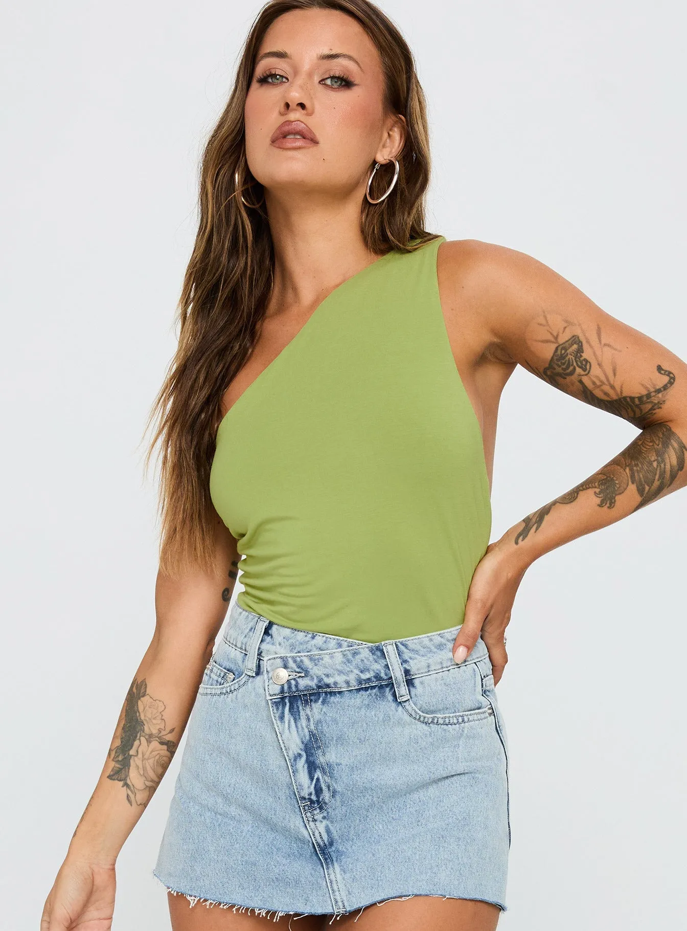 Ferrera One Shoulder Bodysuit Green Dinner Date