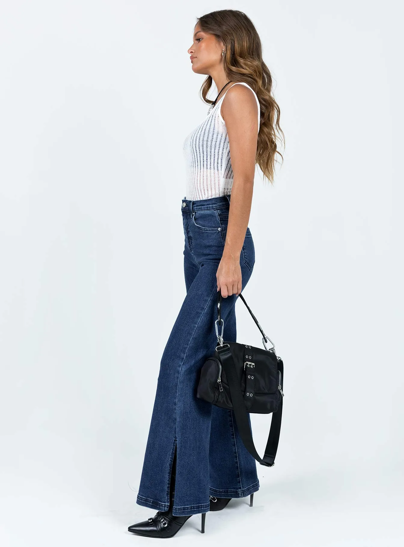 Soft Sustainable Permanent Crease Retention Nairana Split Hem Jeans Dark Wash Denim