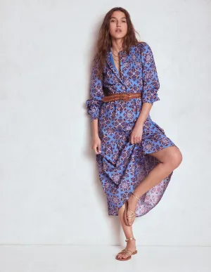 Cecily Cotton Midi Dress-Soft Blue, Bloom Mosaic Sophisticated Design Casual Wear