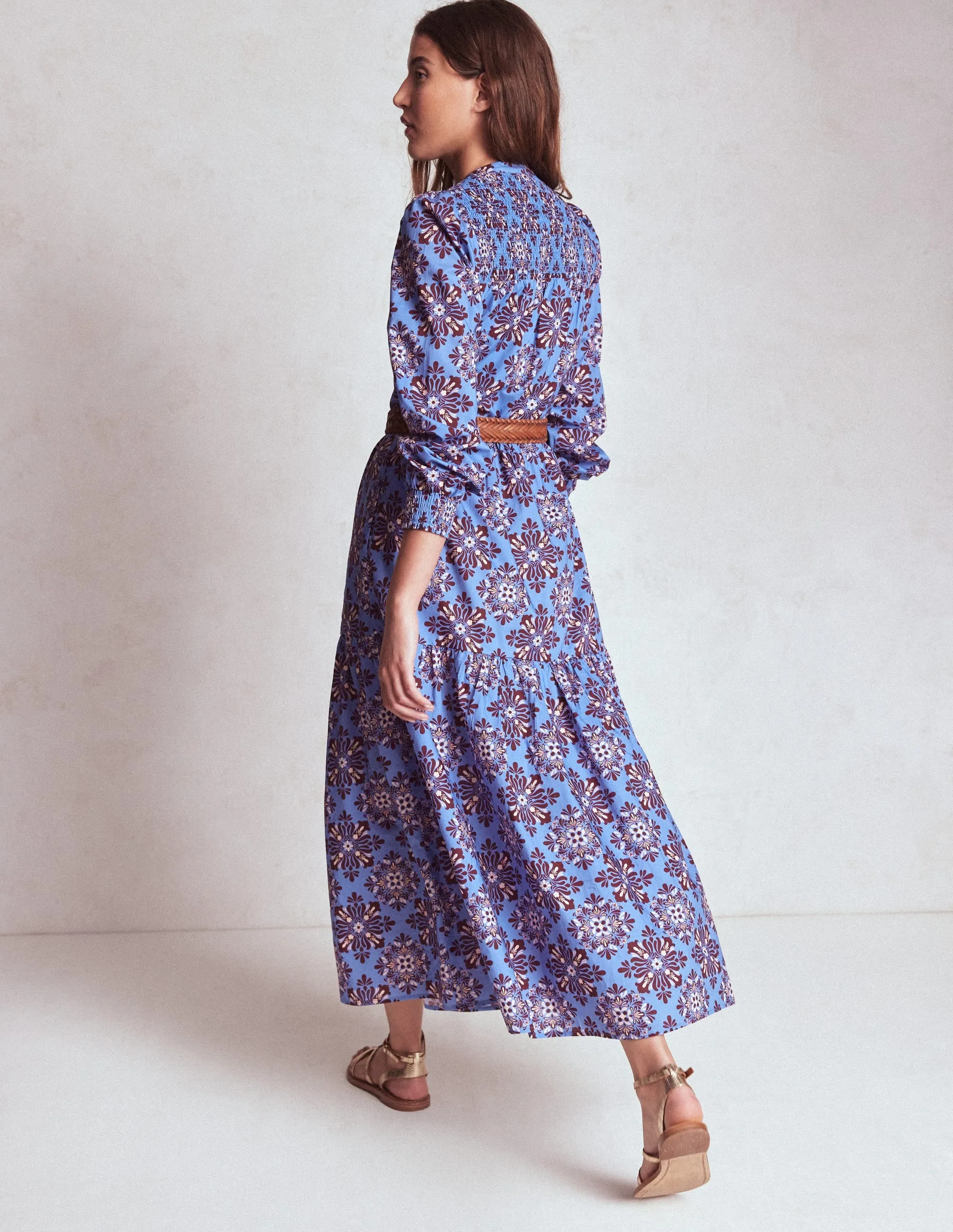 Cecily Cotton Midi Dress-Soft Blue, Bloom Mosaic Sophisticated mid-calf gown Poetic Mood