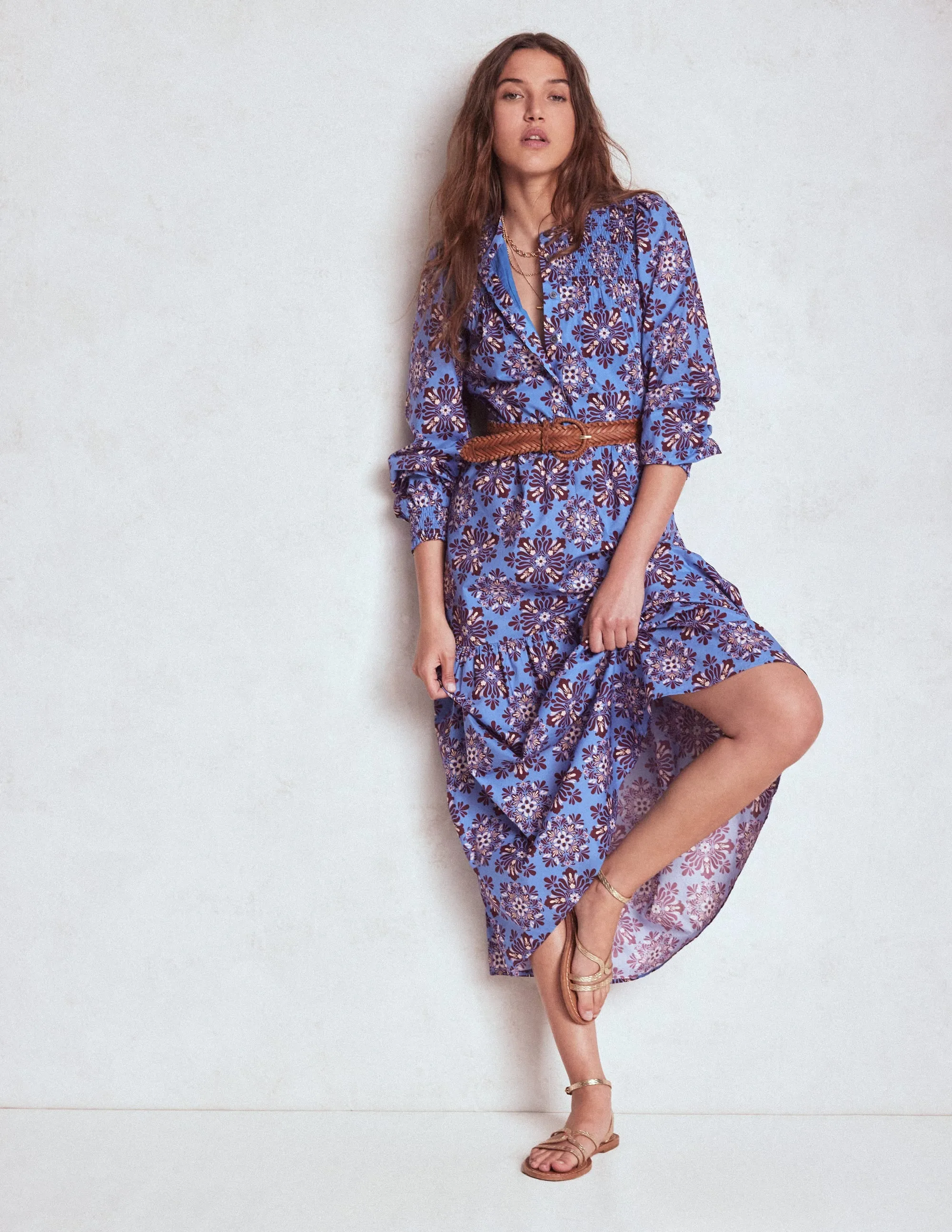 Cecily Cotton Midi Dress-Soft Blue, Bloom Mosaic Sophisticated Design Casual Wear