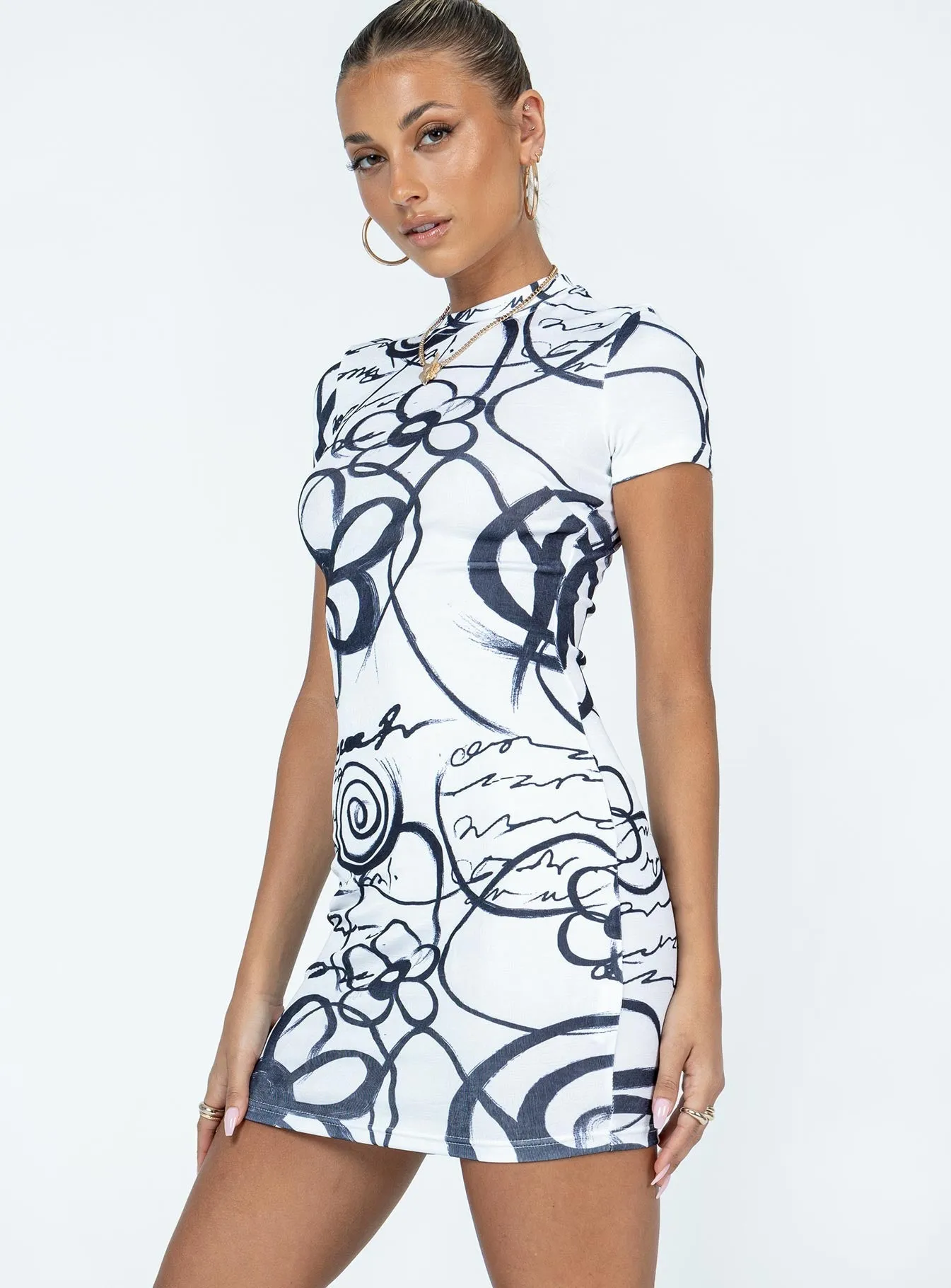 Chic Spirit Fun casual mini Motel Dahara Mini Dress Mono Doodle Black White