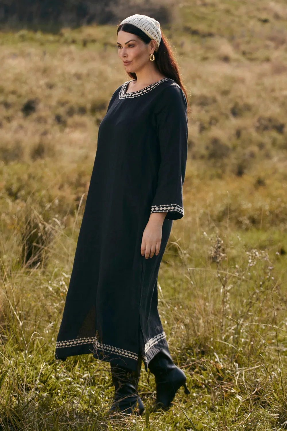 Jarla Linen Dress in Moonlit Noir rooftop party Vibrant summer dress