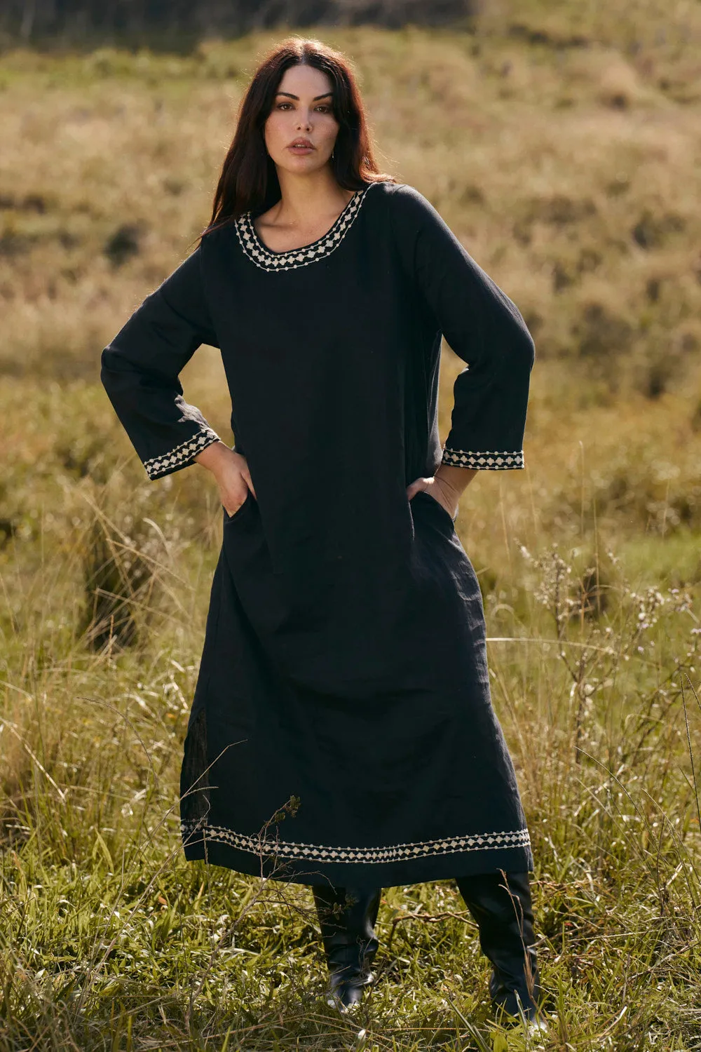 Jarla Linen Dress in Moonlit Noir Office Wear
