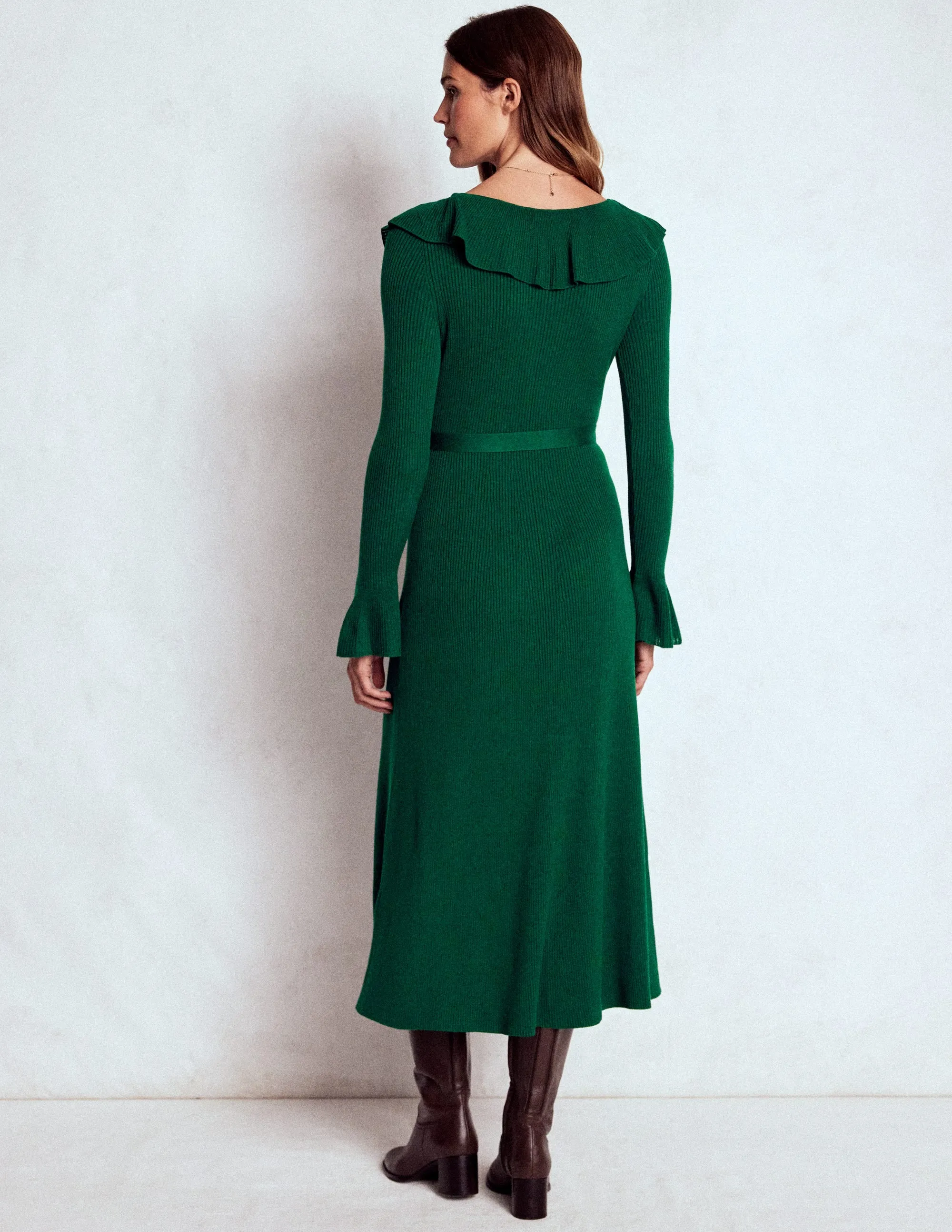 Ruffled Ribbed Dress-Emerald Night Work Smart