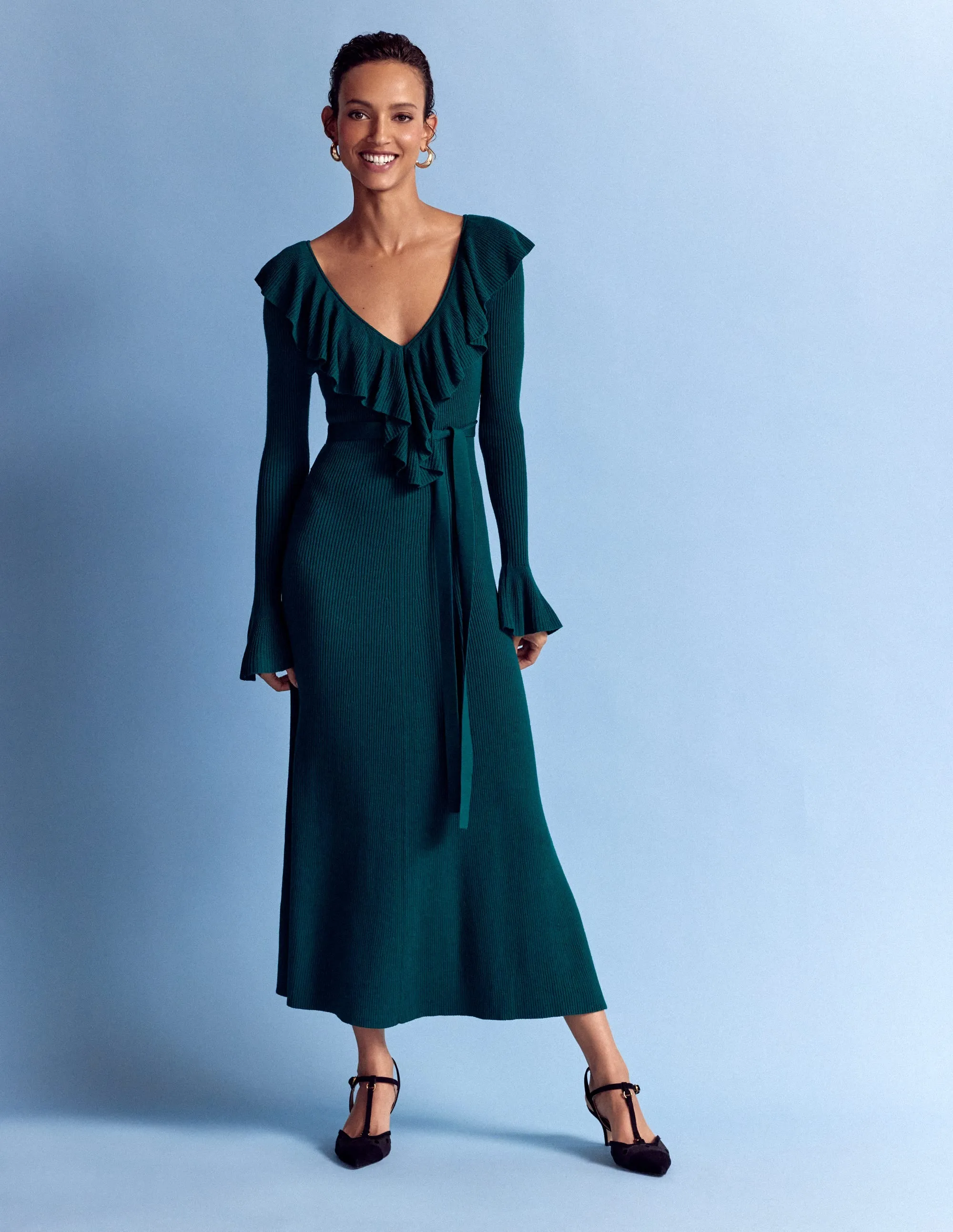 Wood Scent New Yorker Ruffled Ribbed Dress-Emerald Night
