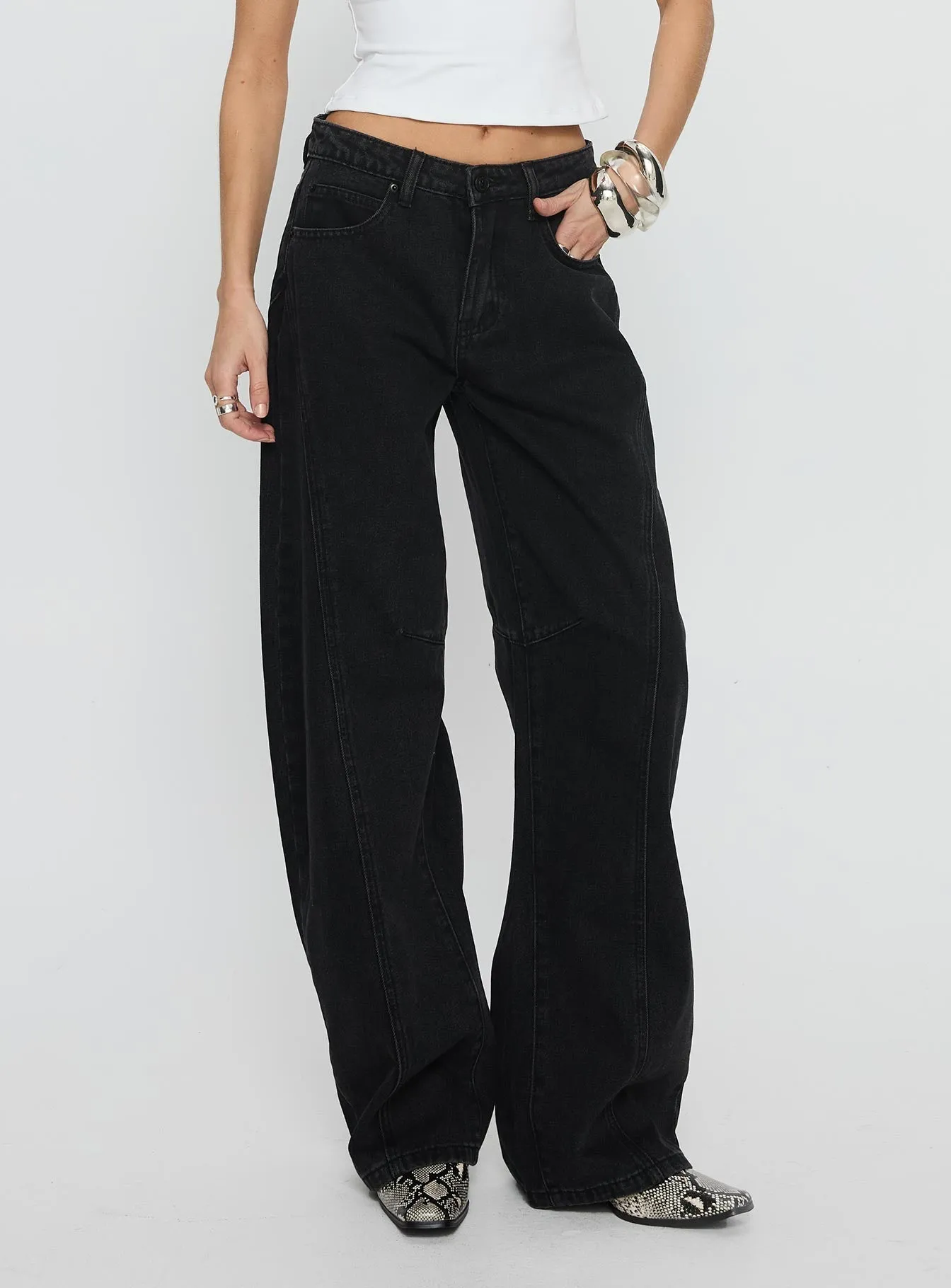 Lost Track Mid Rise Barrel Leg Jeans Washed Black Lightweight Material