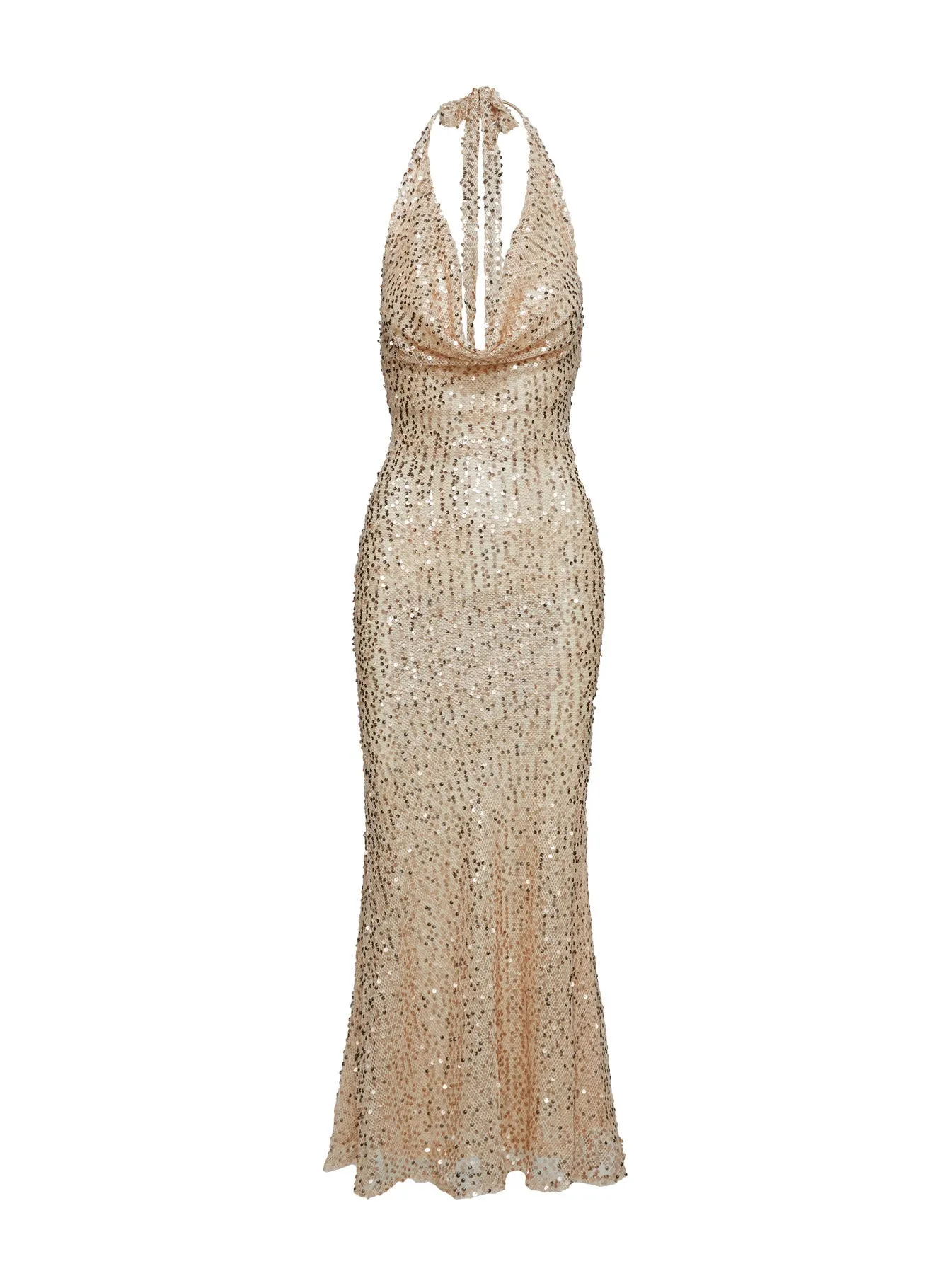 Luxurious Cowl Neck Sequin Maxi Dress Champagne Dot Play