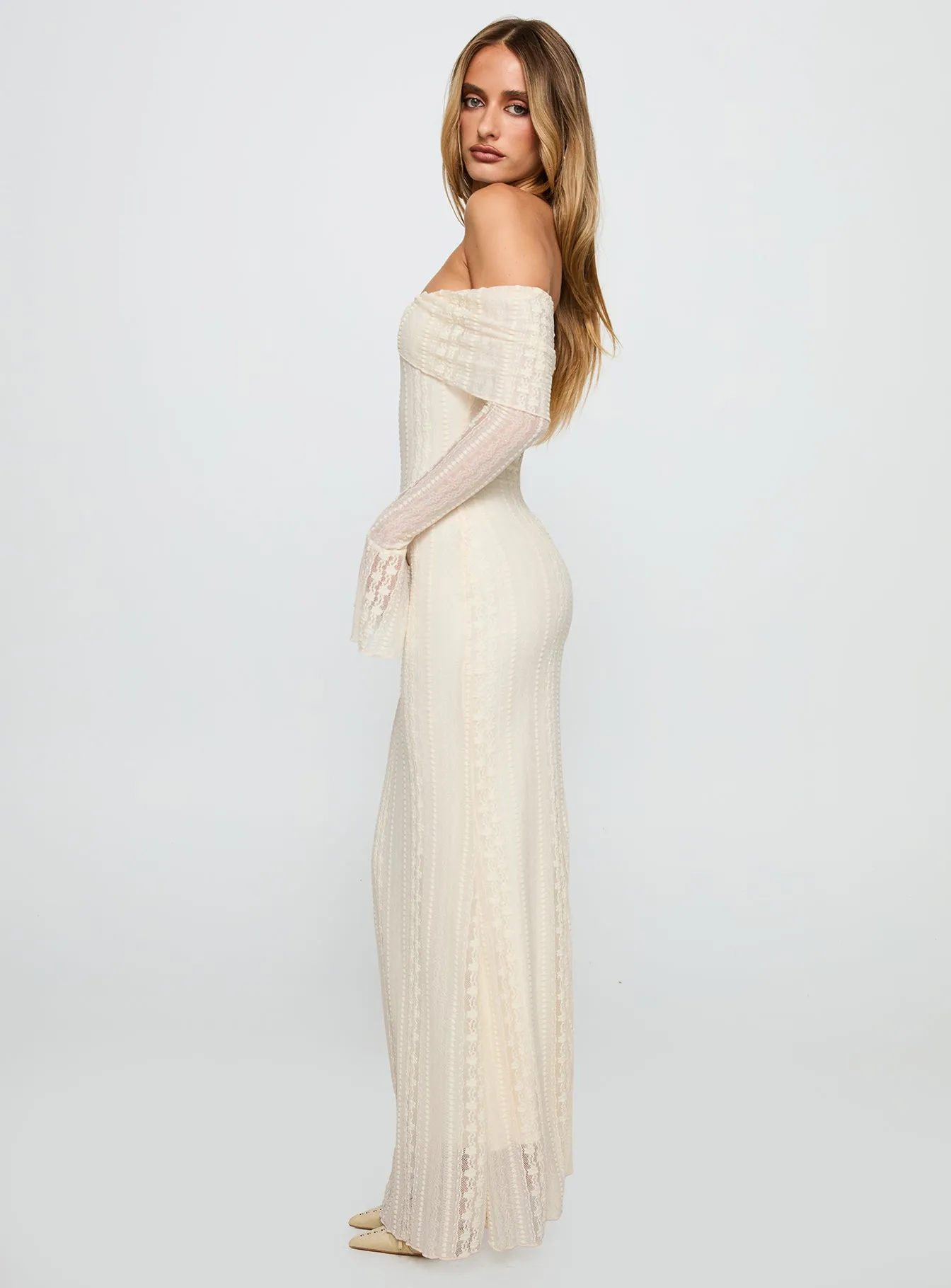 Perdita Long Sleeve Lace Maxi Dress Cream Mist Path