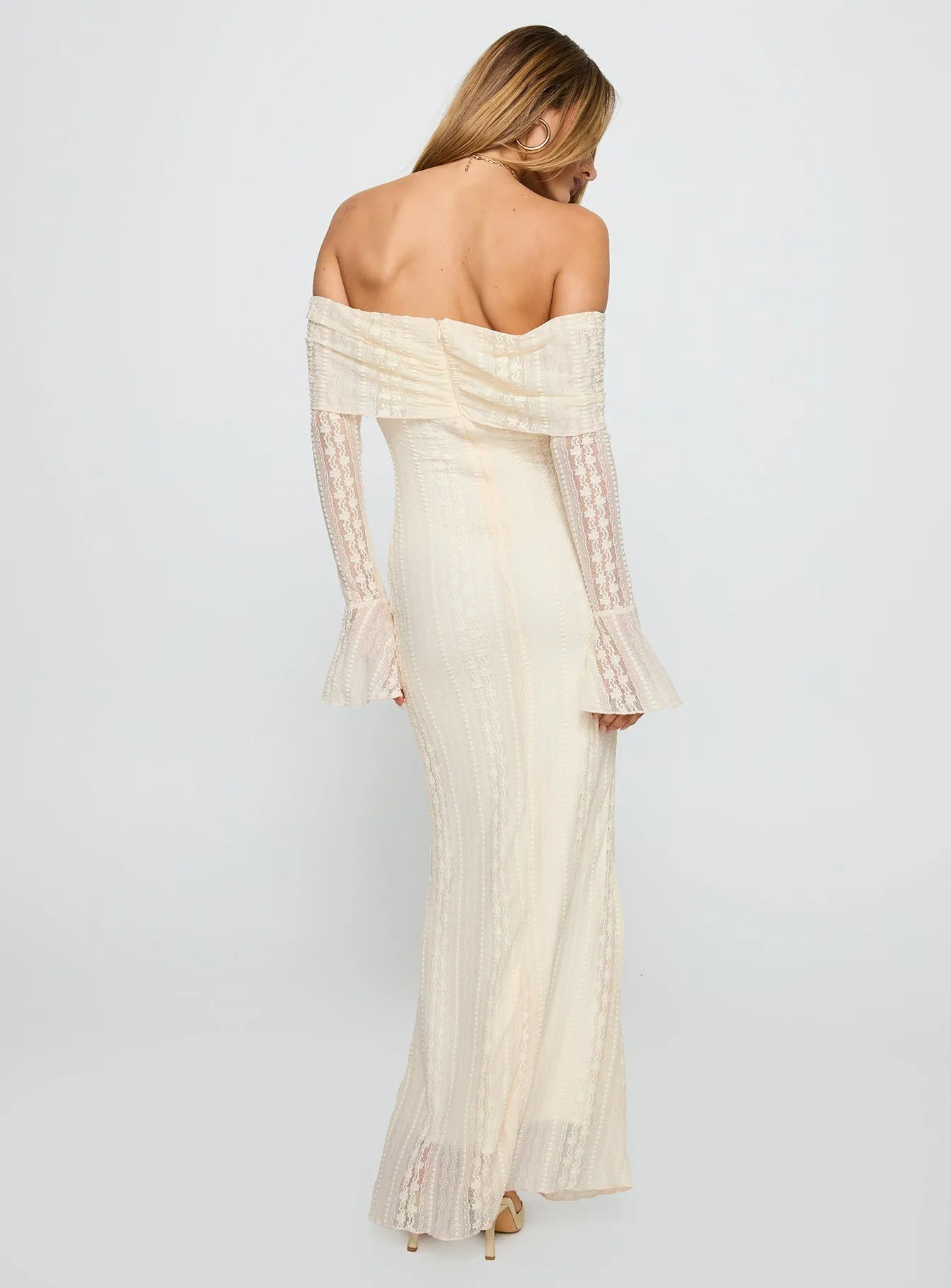 Dance Floor Deep V Perdita Long Sleeve Lace Maxi Dress Cream
