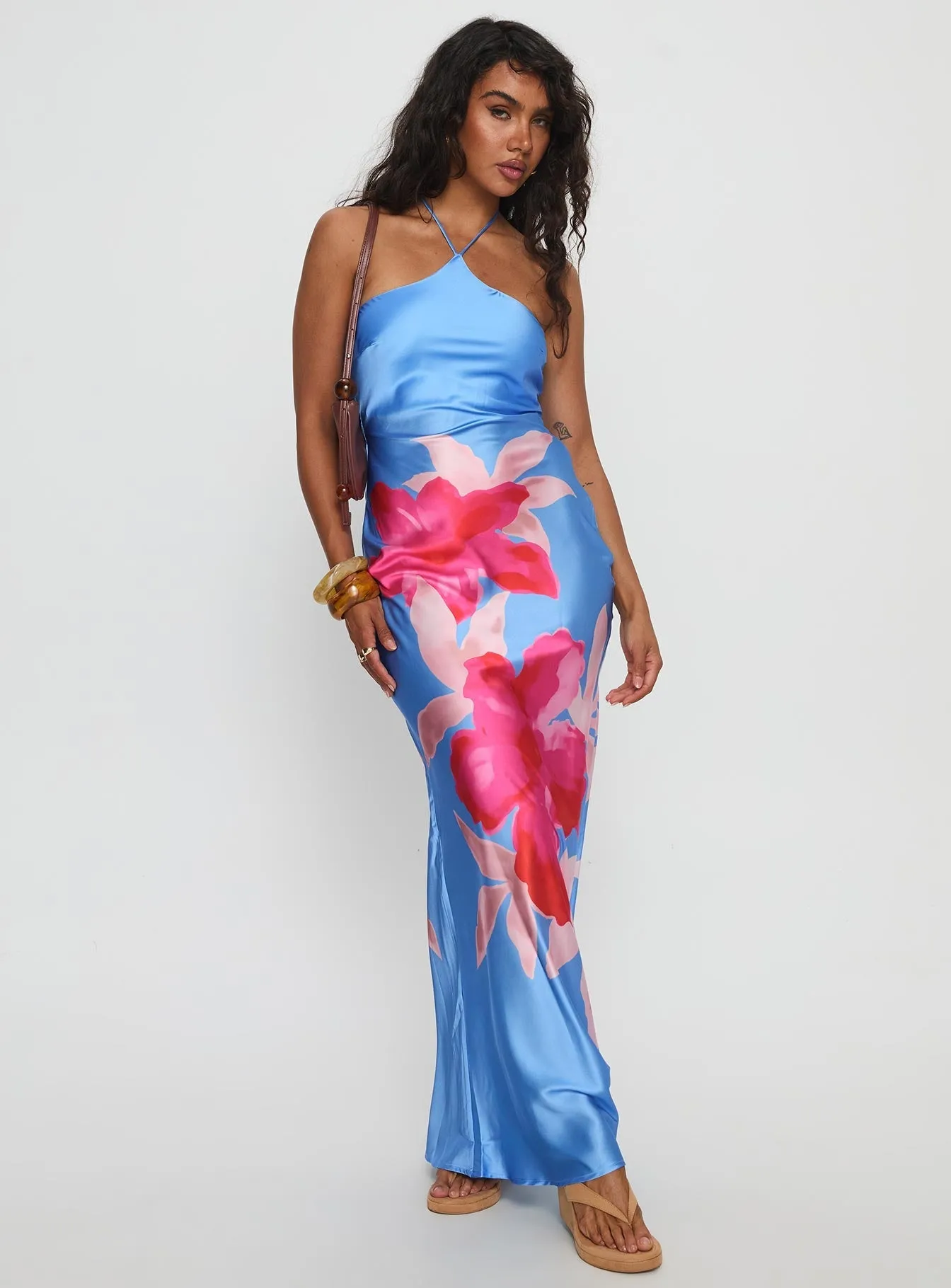 Caliyah Halter Maxi Dress Blue Floral Bead Work