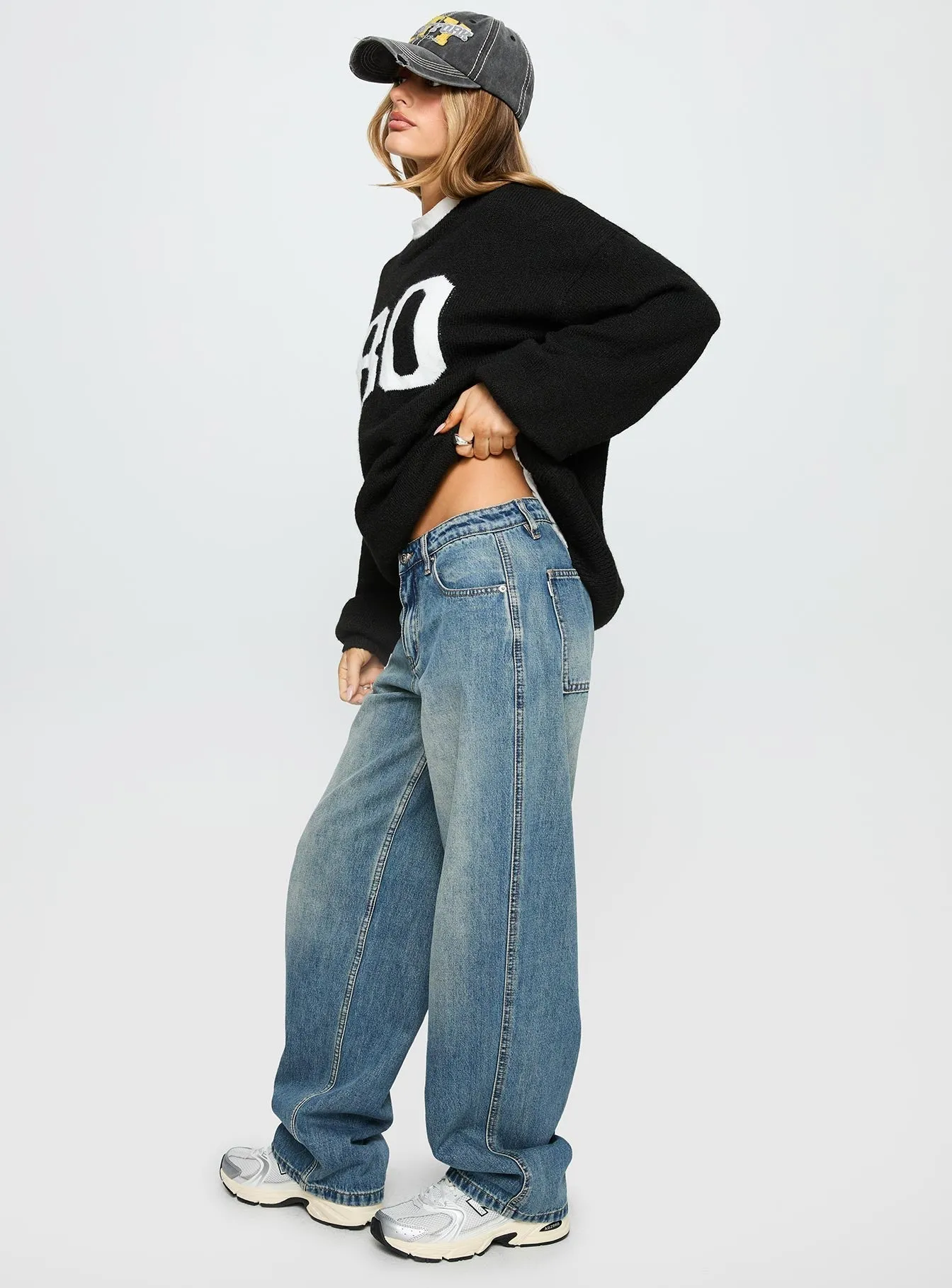 Effortless casual Daily Go-To Motomami Mid Rise Barrel Leg Jeans Mid Blue Wash